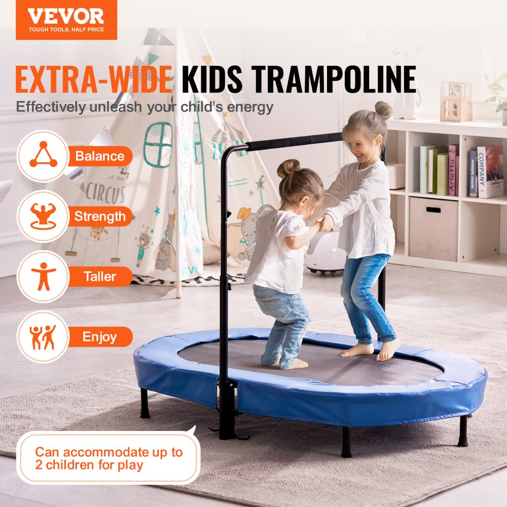 Trampolina dziecięca VEVOR do użytku wewnątrz i na zewnątrz, składana, mini trampolina z uchwytem, ​​trampolina ogrodowa dla maluchów, prezent urodzinowy dla dzieci od 3 lat, dla zabawy, niebieska