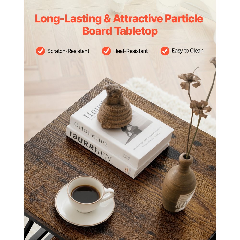 VEVOR Stolik nocny, dwupoziomowy z otwartymi półkami, nowoczesny stolik nocny z metalową ramą w kształcie litery X, drewniany stolik kawowy do salonu, sypialni, biura, brązowo-czarny