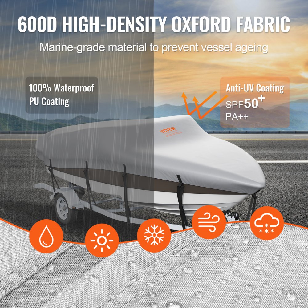 VEVOR Boat Cover, 5180-5790 mm Trailerable Waterproof Boat Cover, 600D Marine Grade PU Oxford, with Motor Cover and Buckle Straps, for V-Hull, Tri-Hull, Fish Ski Boat, Runabout, Bass Boat, Grey