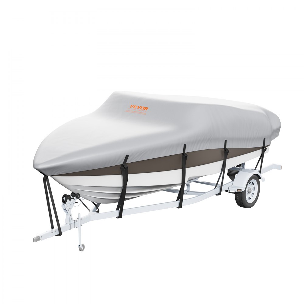 VEVOR Boat Cover, 5180-5790 mm Trailerable Waterproof Boat Cover, 600D Marine Grade PU Oxford, with Motor Cover and Buckle Straps, for V-Hull, Tri-Hull, Fish Ski Boat, Runabout, Bass Boat, Grey