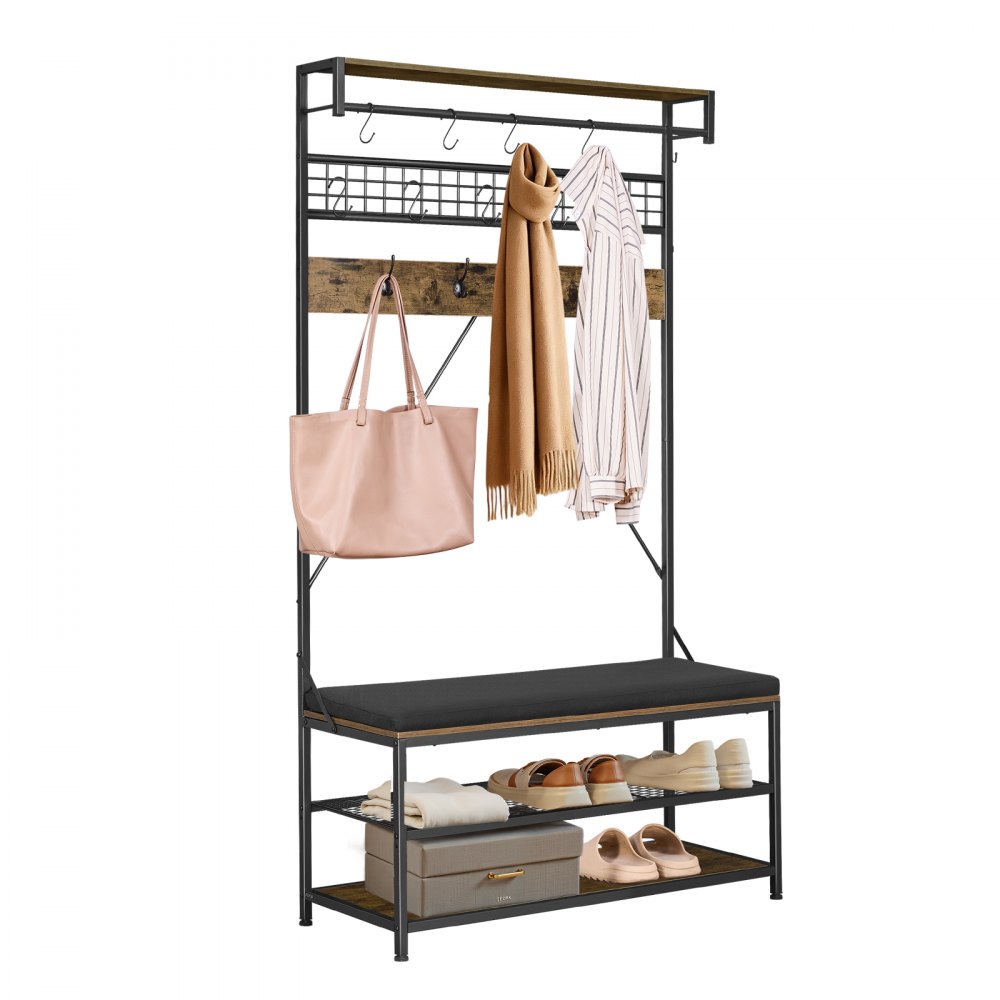 VEVOR Szafa do przedpokoju 1015 x 400 x 1830 mm, wieszak na ubrania z ławką i półką na buty (2 poziomy), wolnostojąca szafa z metalową kratką i drążkiem na ubrania, idealna do przedpokoju, sypialni