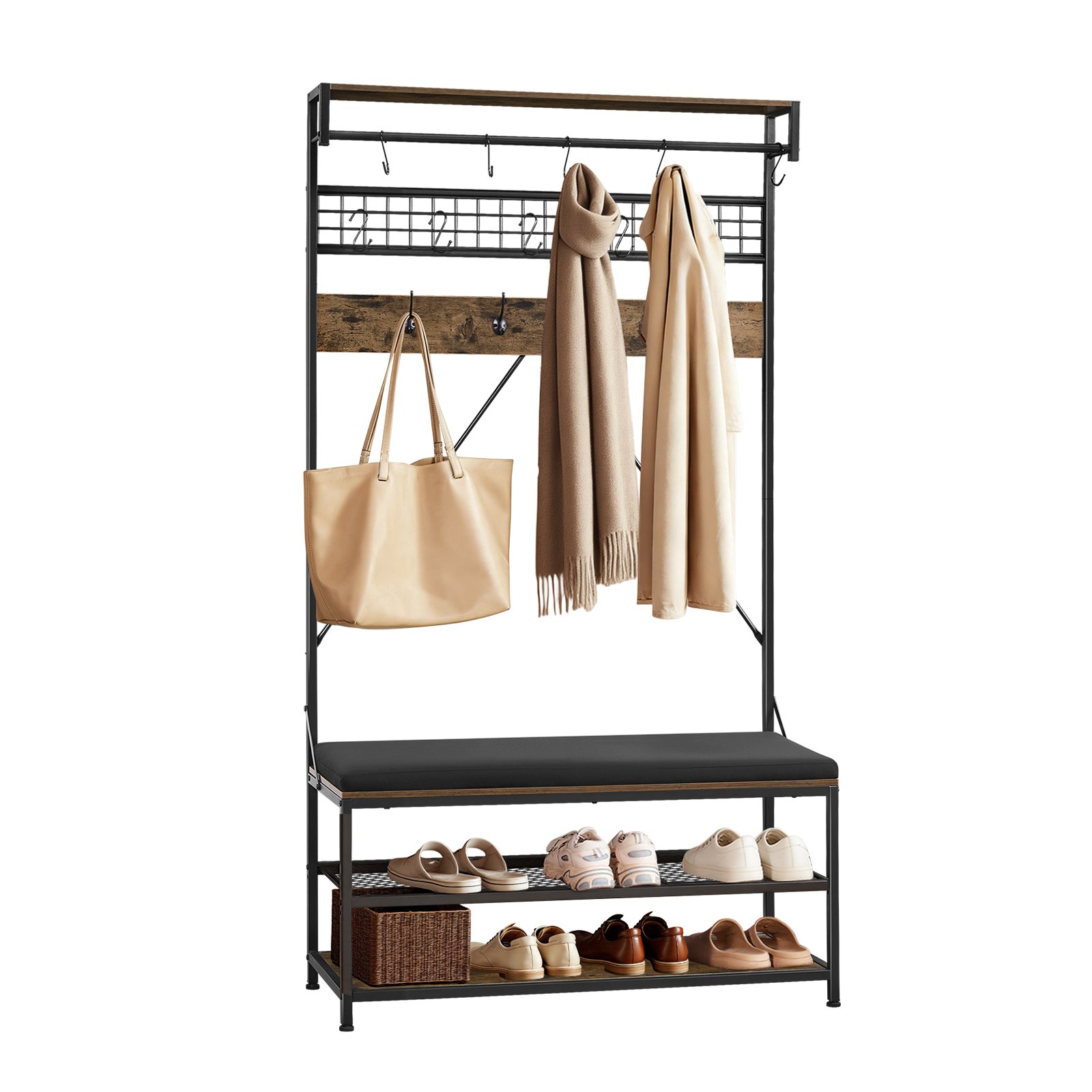 VEVOR Szafa do przedpokoju 1015 x 400 x 1830 mm, wieszak na ubrania z ławką i półką na buty (2 poziomy), wolnostojąca szafa z metalową kratką i drążkiem na ubrania, idealna do przedpokoju, sypialni