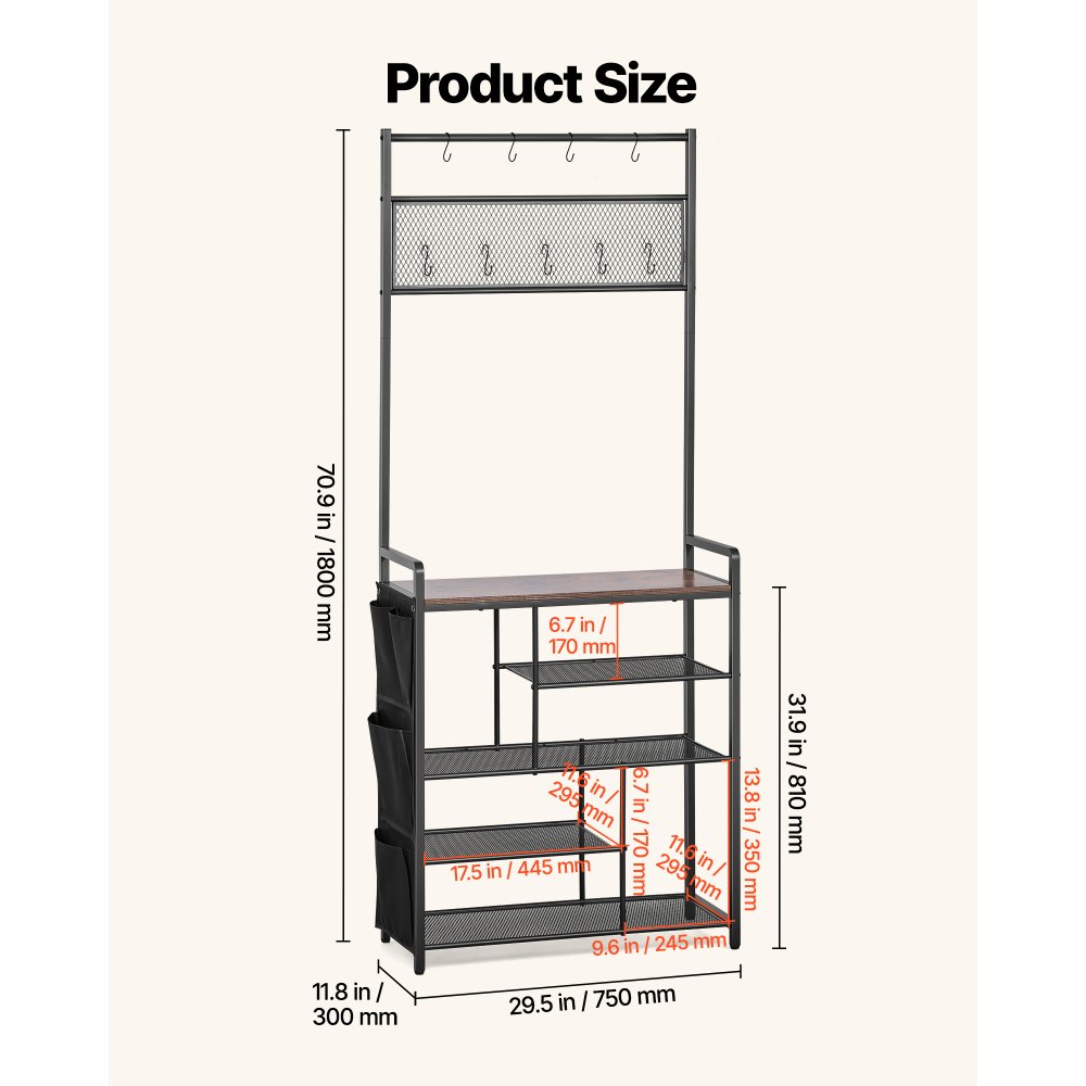 VEVOR Hall Tree, 1800 mm Coat Rack with Shoe Storage, Freestanding 4-Tier Shoe Rack Organizer with Hooks, Side Pocket and Wire Shelf, Steel Frame Entrance Coat Holder for Entryway, Bedroom, Closet