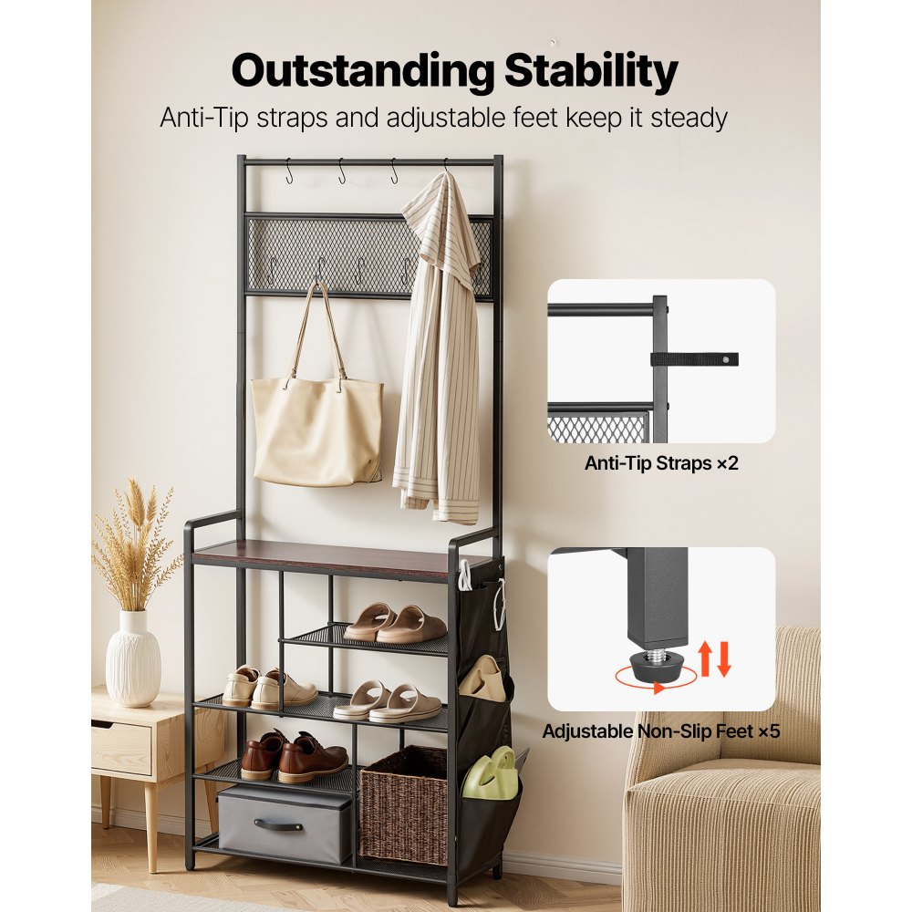VEVOR Hall Tree, 1800 mm Coat Rack with Shoe Storage, Freestanding 4-Tier Shoe Rack Organizer with Hooks, Side Pocket and Wire Shelf, Steel Frame Entrance Coat Holder for Entryway, Bedroom, Closet