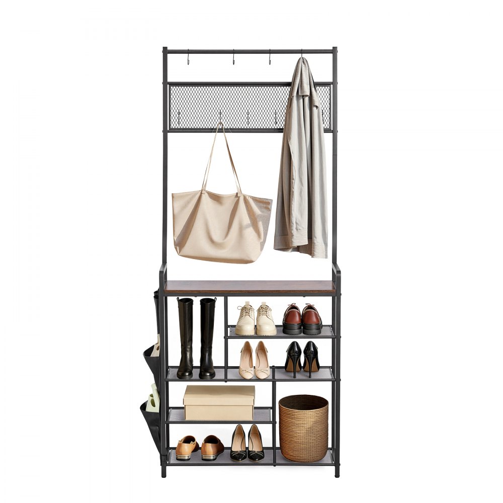 VEVOR Hall Tree, 1800 mm Coat Rack with Shoe Storage, Freestanding 4-Tier Shoe Rack Organizer with Hooks, Side Pocket and Wire Shelf, Steel Frame Entrance Coat Holder for Entryway, Bedroom, Closet