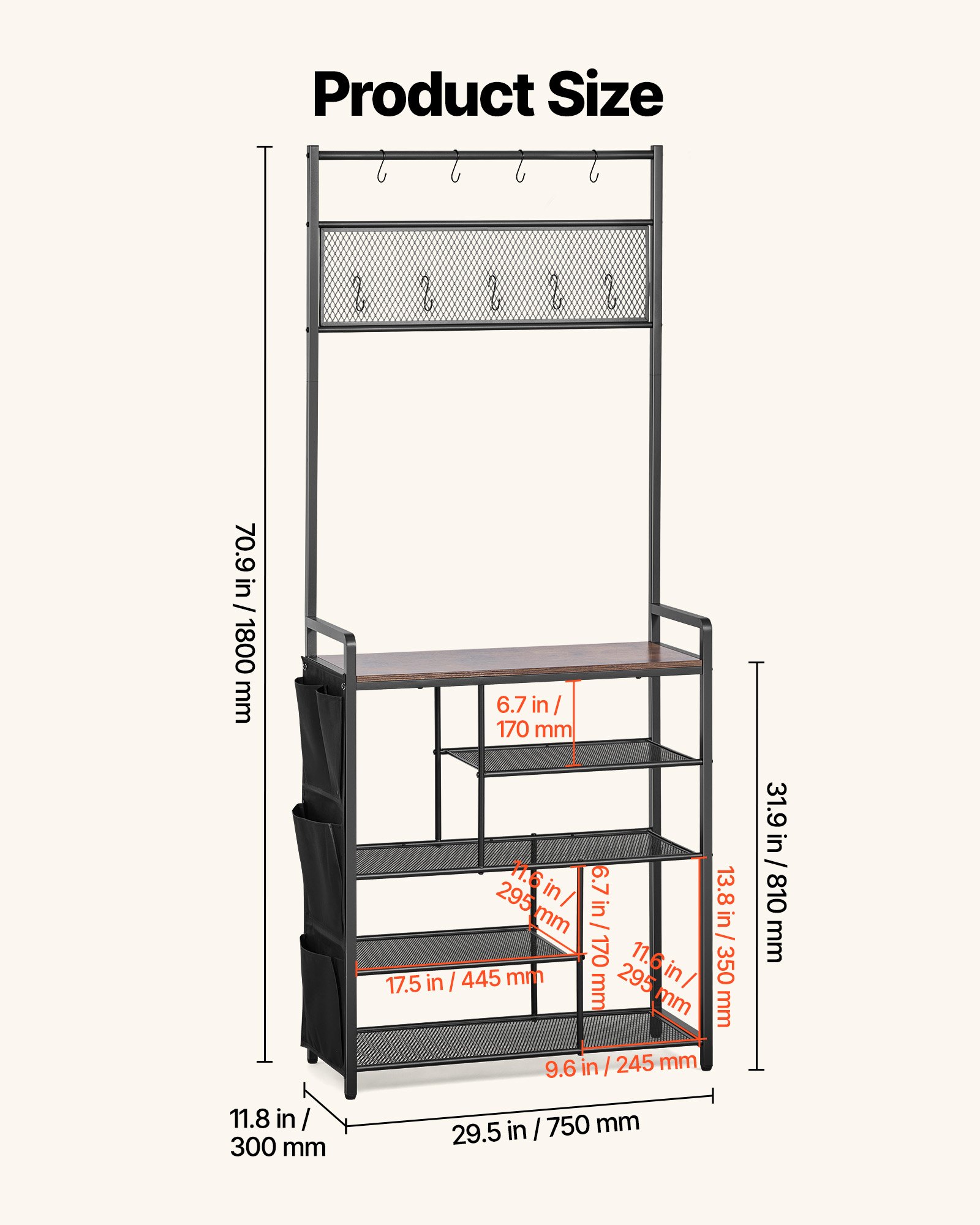 VEVOR Hall Tree, 1800 mm Coat Rack with Shoe Storage, Freestanding 4-Tier Shoe Rack Organizer with Hooks, Side Pocket and Wire Shelf, Steel Frame Entrance Coat Holder for Entryway, Bedroom, Closet