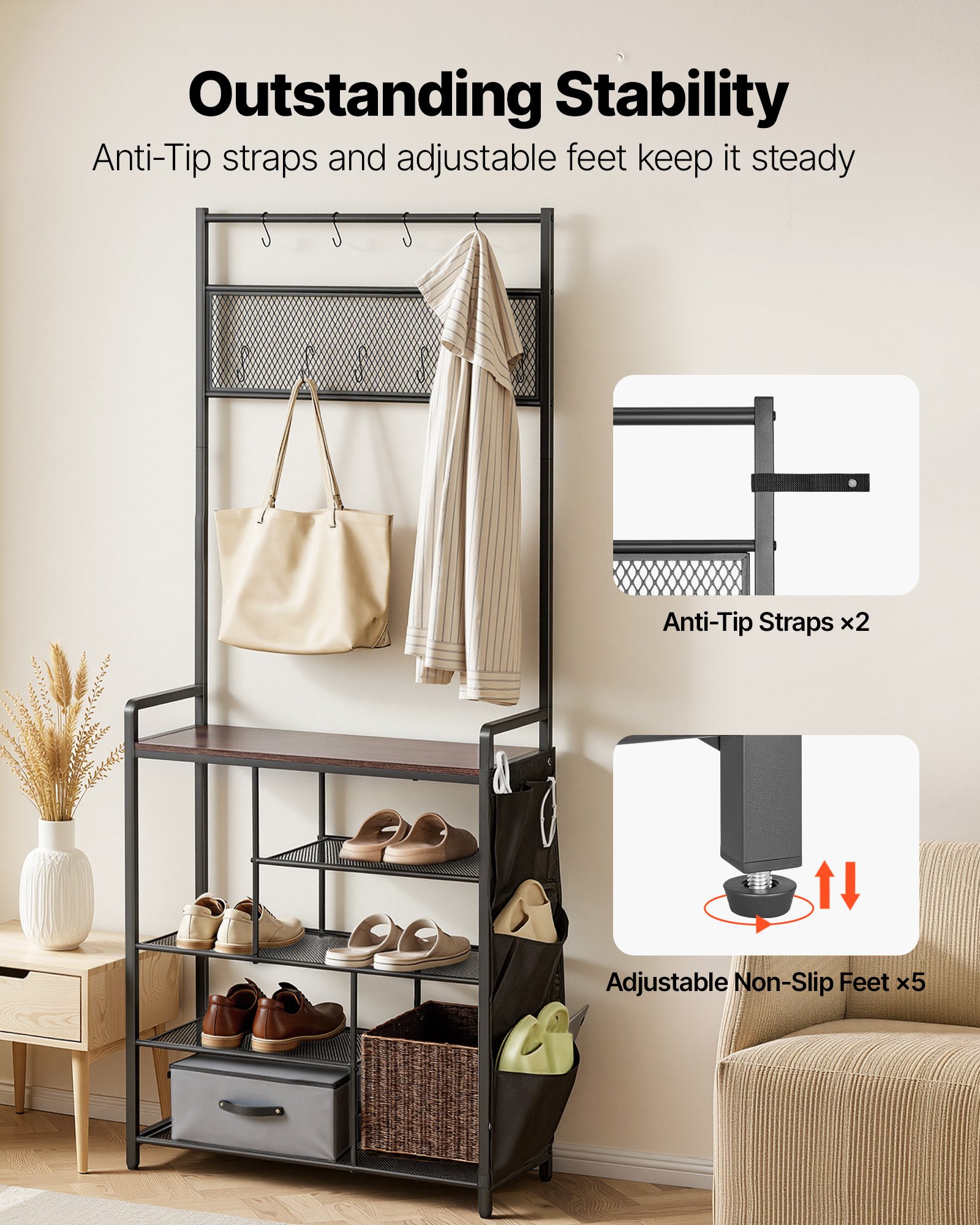 VEVOR Hall Tree, 1800 mm Coat Rack with Shoe Storage, Freestanding 4-Tier Shoe Rack Organizer with Hooks, Side Pocket and Wire Shelf, Steel Frame Entrance Coat Holder for Entryway, Bedroom, Closet