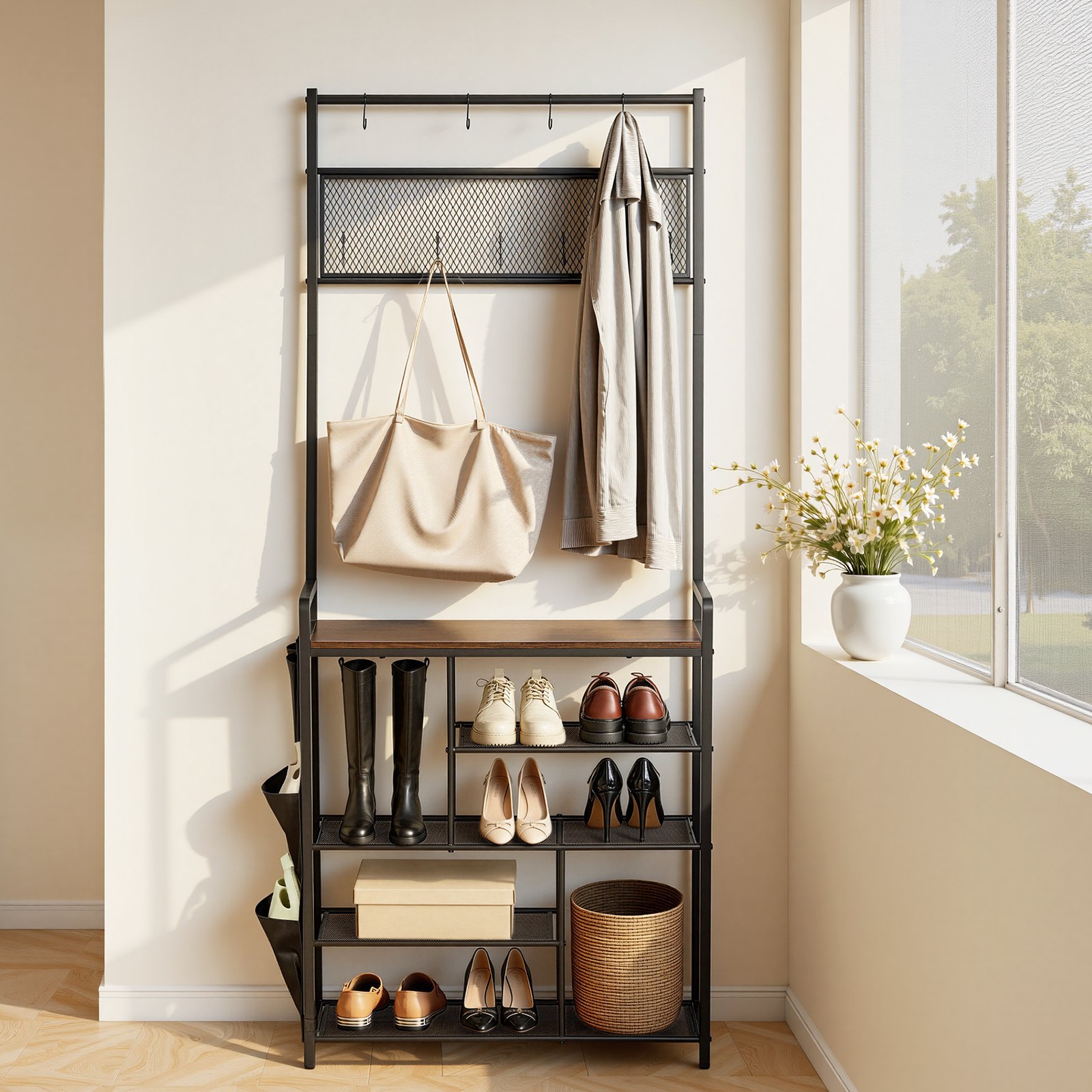 VEVOR Hall Tree, 1800 mm Coat Rack with Shoe Storage, Freestanding 4-Tier Shoe Rack Organizer with Hooks, Side Pocket and Wire Shelf, Steel Frame Entrance Coat Holder for Entryway, Bedroom, Closet