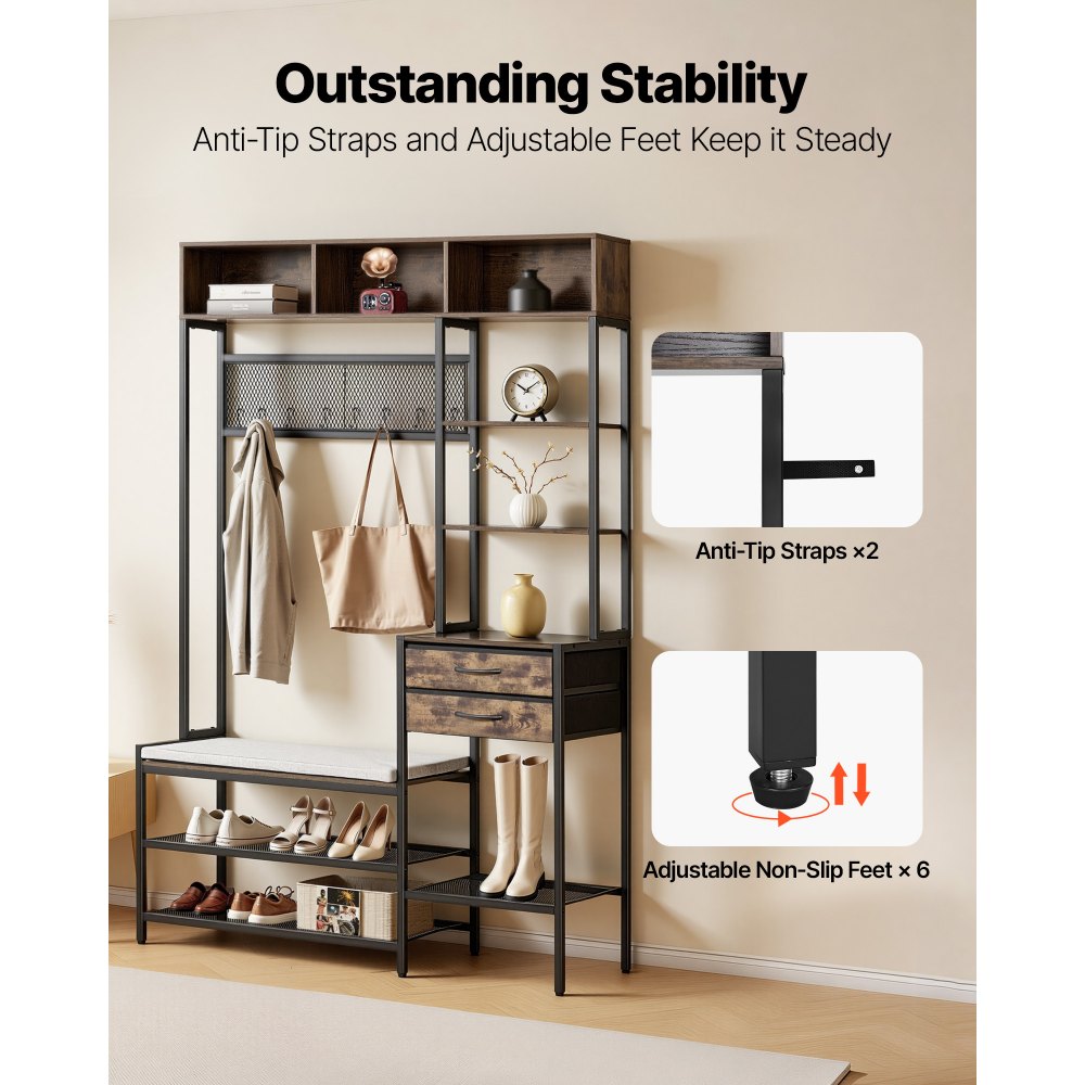 VEVOR Hall Tree, 1800 mm Coat Rack with Shoe Bench & 2 Drawers, 3-in-1 Freestanding Shoe Rack Storage Organizer with Bookshelf & Wire Shelf, Steel Frame Entrance Coat Holder for Entry, Bedroom, Closet