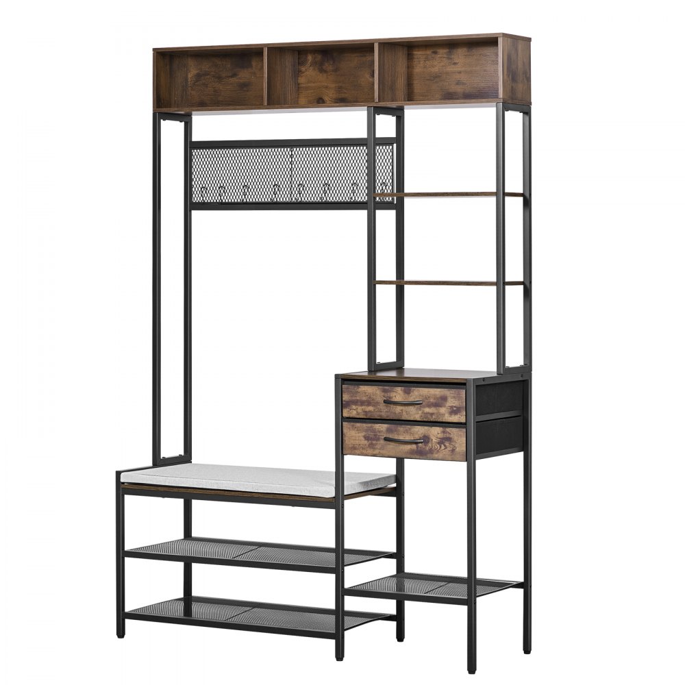 VEVOR Hall Tree, 1800 mm Coat Rack with Shoe Bench & 2 Drawers, 3-in-1 Freestanding Shoe Rack Storage Organizer with Bookshelf & Wire Shelf, Steel Frame Entrance Coat Holder for Entry, Bedroom, Closet
