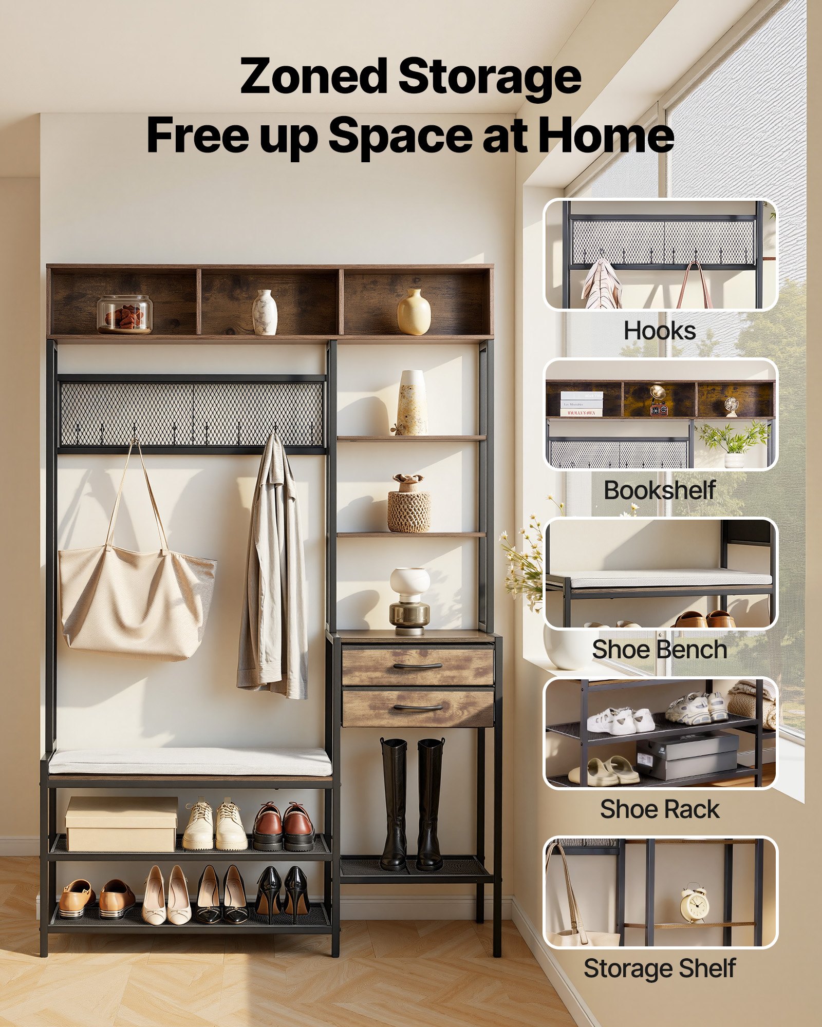 VEVOR Hall Tree, 1800 mm Coat Rack with Shoe Bench & 2 Drawers, 3-in-1 Freestanding Shoe Rack Storage Organizer with Bookshelf & Wire Shelf, Steel Frame Entrance Coat Holder for Entry, Bedroom, Closet