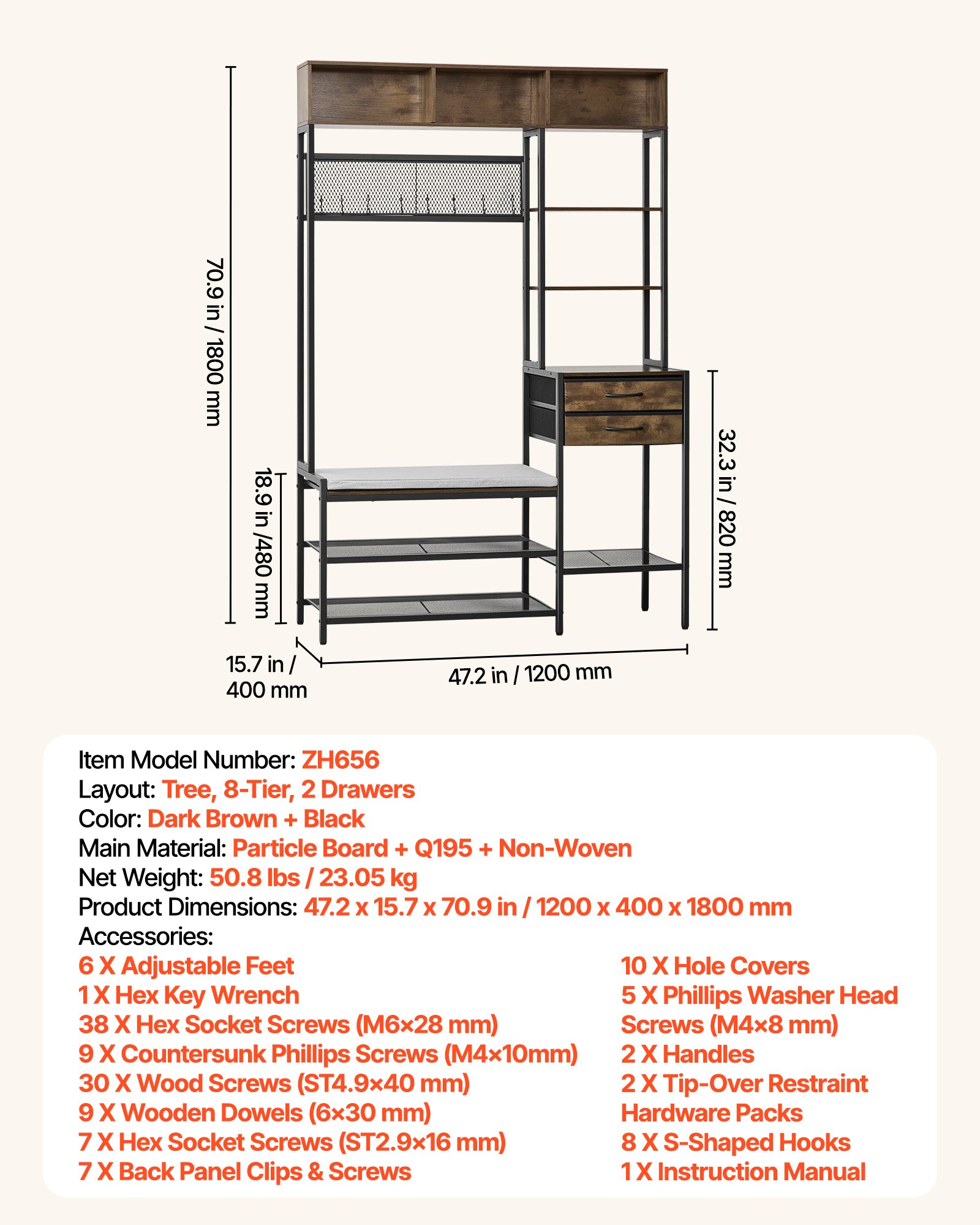 VEVOR Hall Tree, 1800 mm Coat Rack with Shoe Bench & 2 Drawers, 3-in-1 Freestanding Shoe Rack Storage Organizer with Bookshelf & Wire Shelf, Steel Frame Entrance Coat Holder for Entry, Bedroom, Closet