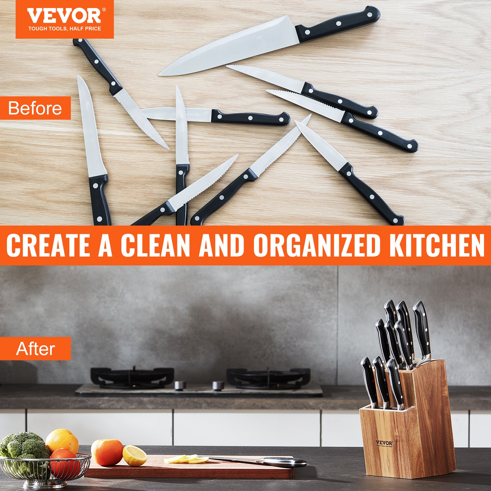 Uniwersalny uchwyt na noże VEVOR, blok na noże z drewna akacjowego bez noża, dwupoziomowy stojak do przechowywania noży ze szczotką z PP, bardzo duży wielofunkcyjny drewniany organizer na noże