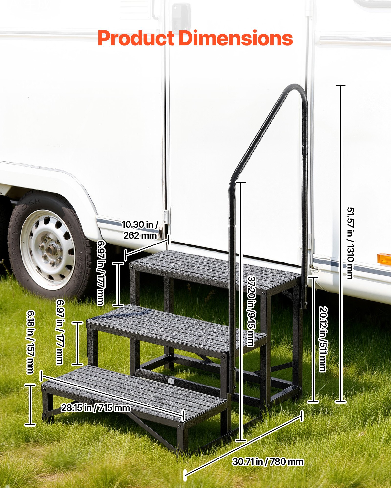 Schody VEVOR RV z poręczą, 3-stopniowe schody przenośne o udźwigu 299,38 kg, antypoślizgowe stopnie dla kamperów, domów mobilnych, basenów i spa, wytrzymałe schody zewnętrzne, idealne dla seniorów i zwierząt domowych