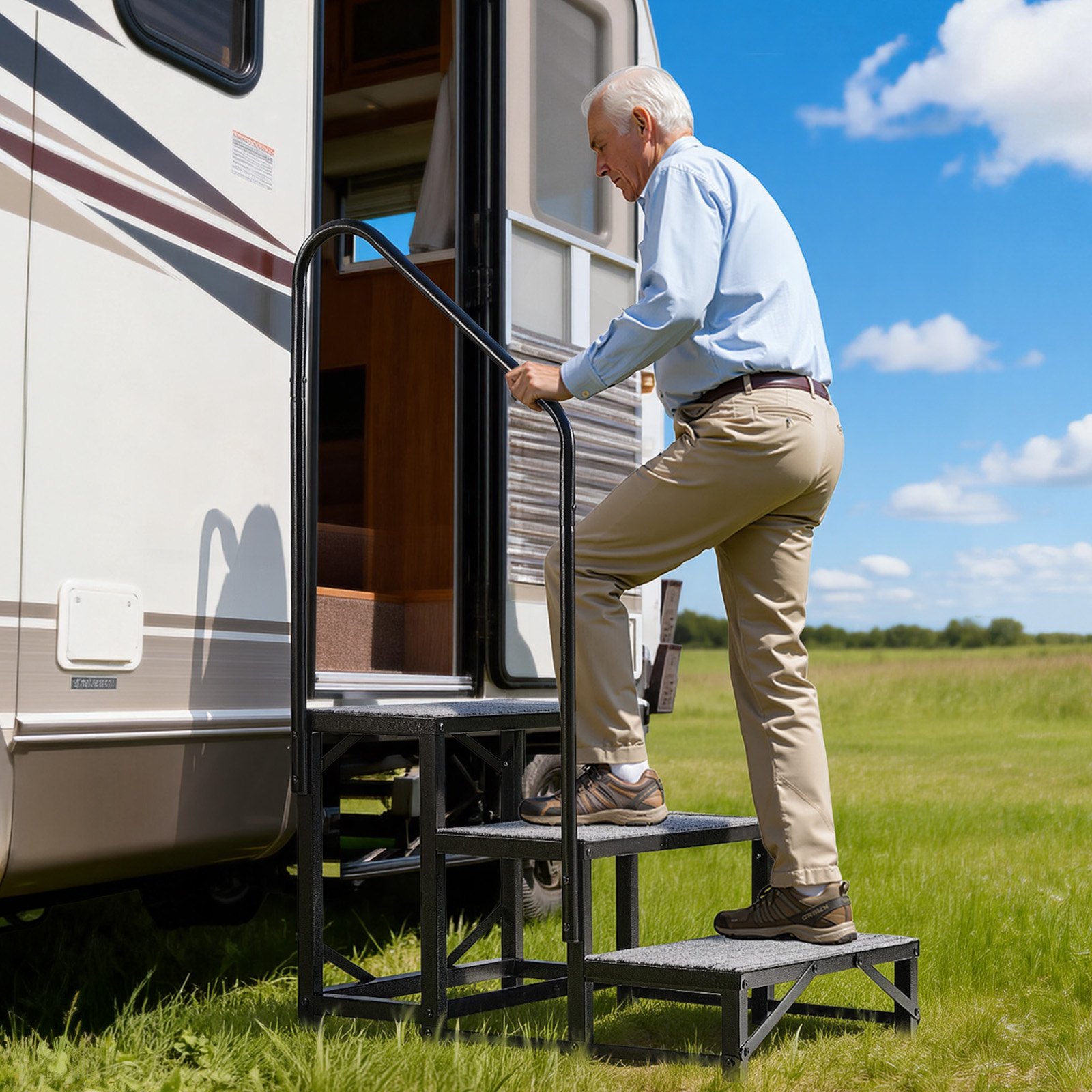 Schody VEVOR RV z poręczą, 3-stopniowe schody przenośne o udźwigu 299,38 kg, antypoślizgowe stopnie dla kamperów, domów mobilnych, basenów i spa, wytrzymałe schody zewnętrzne, idealne dla seniorów i zwierząt domowych