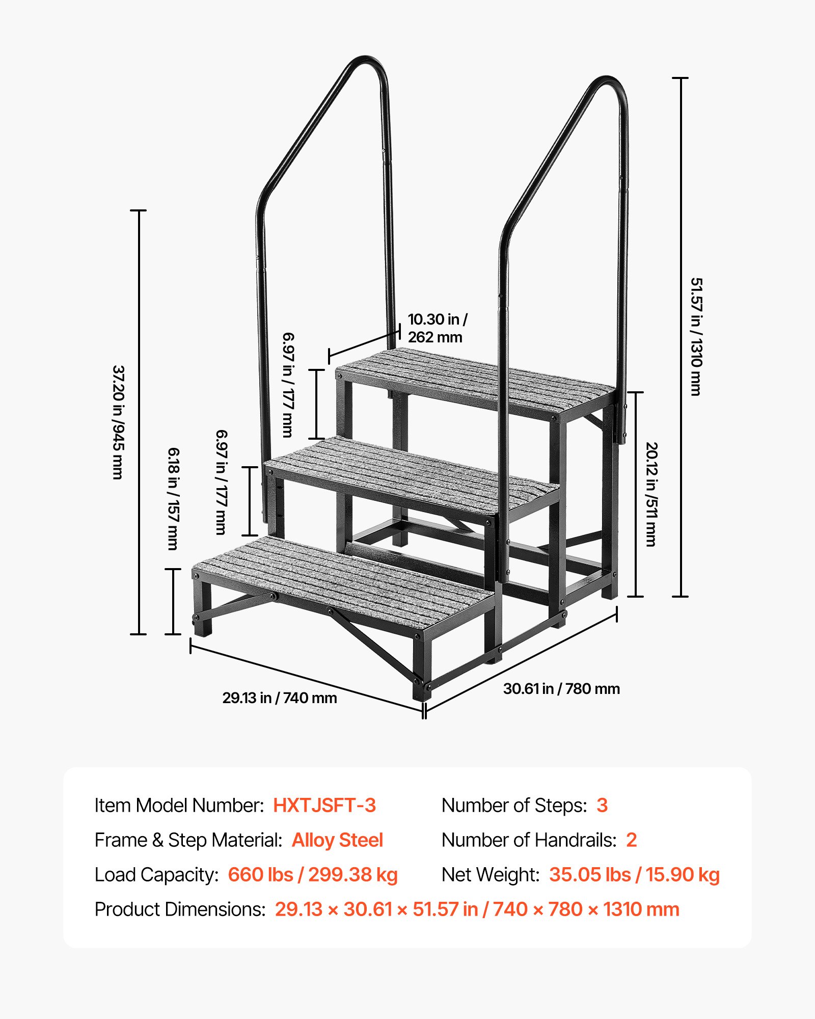 Schody do kamperów VEVOR z 2 poręczami (3 stopnie), schody stojące o udźwigu 300 kg, schody zewnętrzne z matą antypoślizgową dla seniorów/zwierząt, schody do kamperów, domów mobilnych, werand, basenów i spa