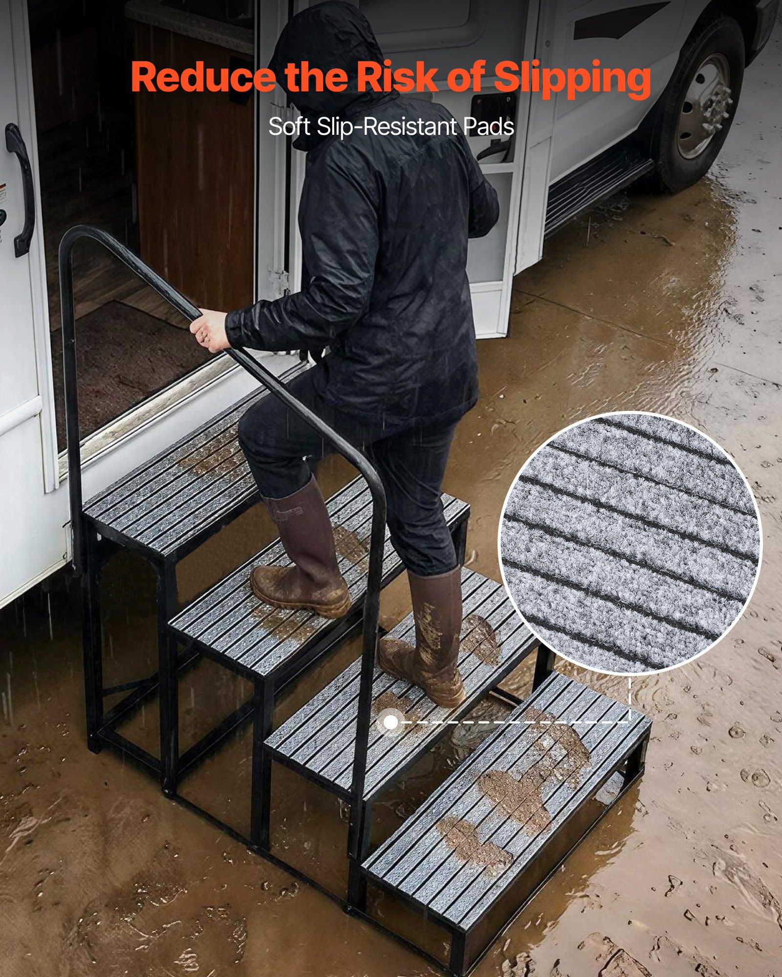 Schody do kampera VEVOR, 4 stopnie, pomoc w wejściu, udźwig 299,38 kg, stopnie do kampera z matą antypoślizgową, schody zewnętrzne do kamperów, przyczep kempingowych, domów mobilnych, basenów, spa, schodów stojących dla seniorów, psów, czarne