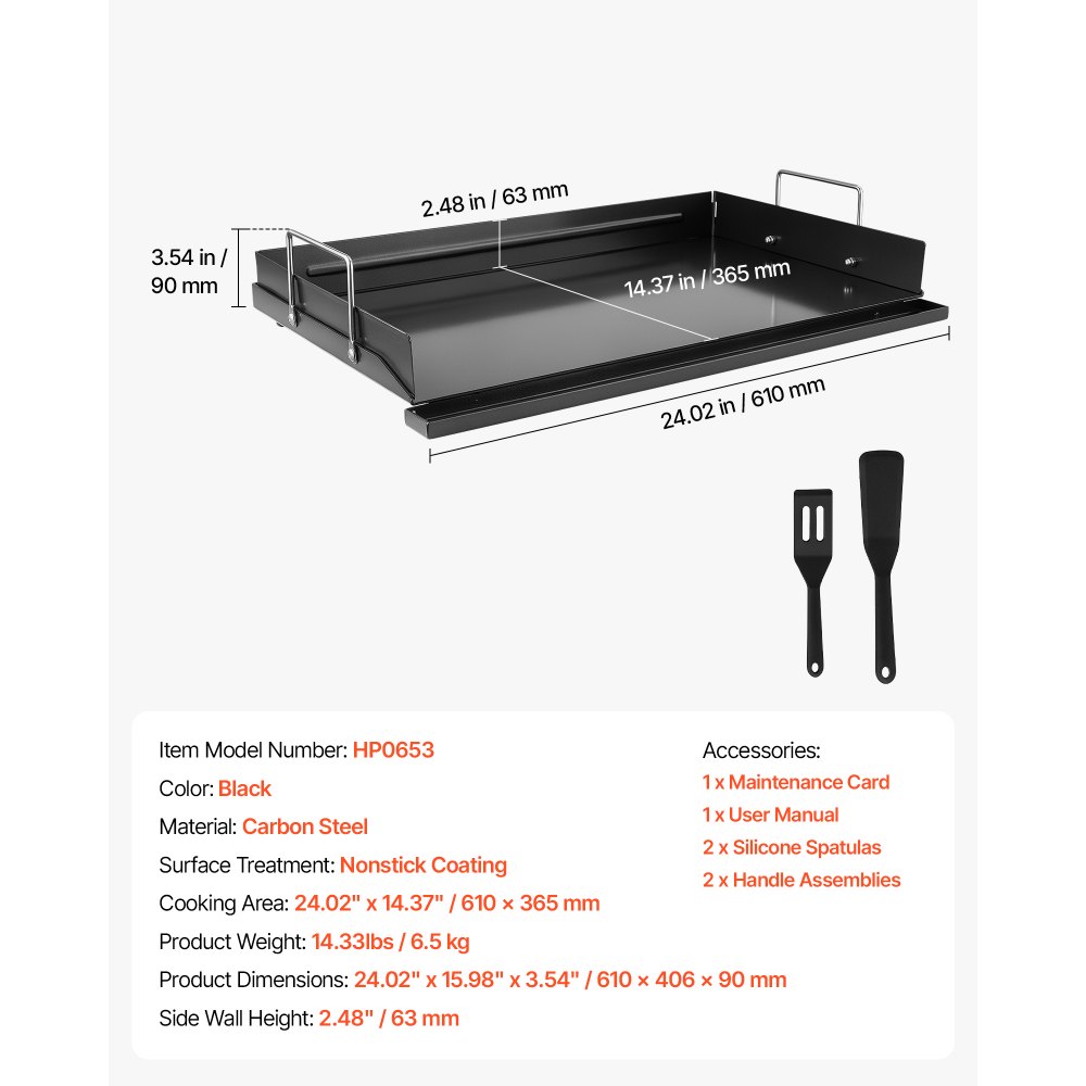 Płyta grillowa VEVOR Plancha 610 x 406 mm ze stali węglowej z powłoką nieprzywierającą, idealna do kuchenek gazowych, grilli i na kemping, zdejmowane panele boczne, tacka na tłuszcz, osłona przeciwbryzgowa i powierzchnia do gotowania 610 x 365 mm
