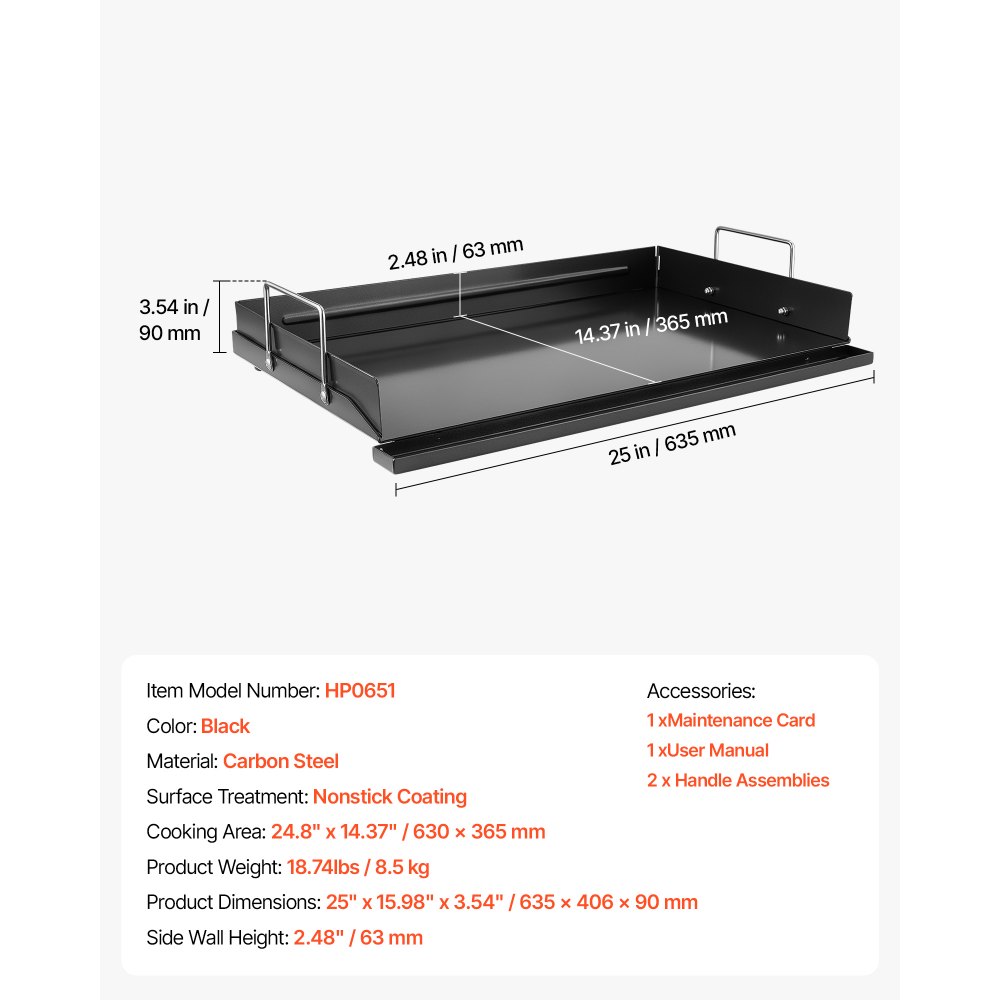 Płyta grillowa VEVOR Plancha 635 x 406 mm ze stali węglowej z powłoką nieprzywierającą, idealna do kuchenek gazowych, grilli i na kemping, zdejmowane panele boczne, tacka na tłuszcz, osłona przeciwbryzgowa i powierzchnia do gotowania 630 x 365 mm