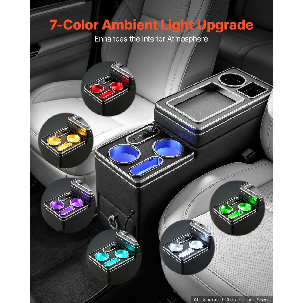 VEVOR Organizer samochodowy na konsolę środkową 15 W z 7-kolorowymi diodami LED, między siedzeniami, do smartfonów i urządzeń elektronicznych, 5 V/3 A QC, 5 V/3 A PD typu C, gniazdo 12–24 V, 3 uchwyty na kubki, schowek i szuflada