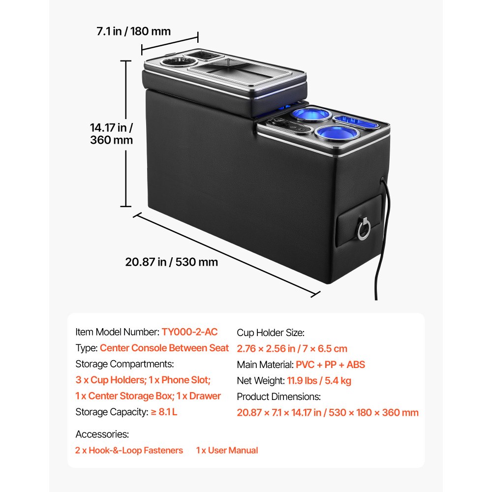 VEVOR Organizer samochodowy na konsolę środkową 15 W z 7-kolorowymi diodami LED, między siedzeniami, do smartfonów i urządzeń elektronicznych, 5 V/3 A QC, 5 V/3 A PD typu C, gniazdo 12–24 V, 3 uchwyty na kubki, schowek i szuflada