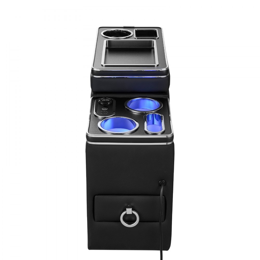 VEVOR Organizer samochodowy na konsolę środkową 15 W z 7-kolorowymi diodami LED, między siedzeniami, do smartfonów i urządzeń elektronicznych, 5 V/3 A QC, 5 V/3 A PD typu C, gniazdo 12–24 V, 3 uchwyty na kubki, schowek i szuflada