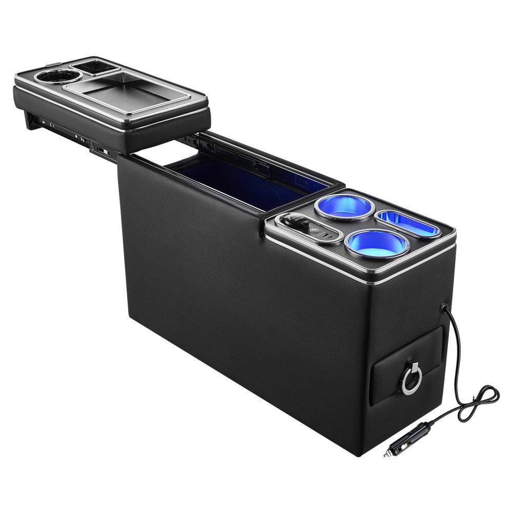 VEVOR Organizer samochodowy na konsolę środkową 15 W z 7-kolorowymi diodami LED, między siedzeniami, do smartfonów i urządzeń elektronicznych, 5 V/3 A QC, 5 V/3 A PD typu C, gniazdo 12–24 V, 3 uchwyty na kubki, schowek i szuflada