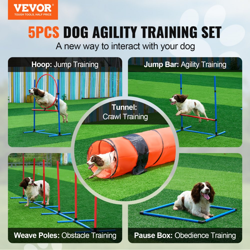 VEVOR Dog Agility Training Equipment, 5-Piece Upgrade Set with Adjustable High Hurdles, 6 Slalom Poles, Extended Tunnel, Jump Ring, Rest Box, Whistle, Collapsible Bowl, Puppy Obstacle Course Set with Storage Bag