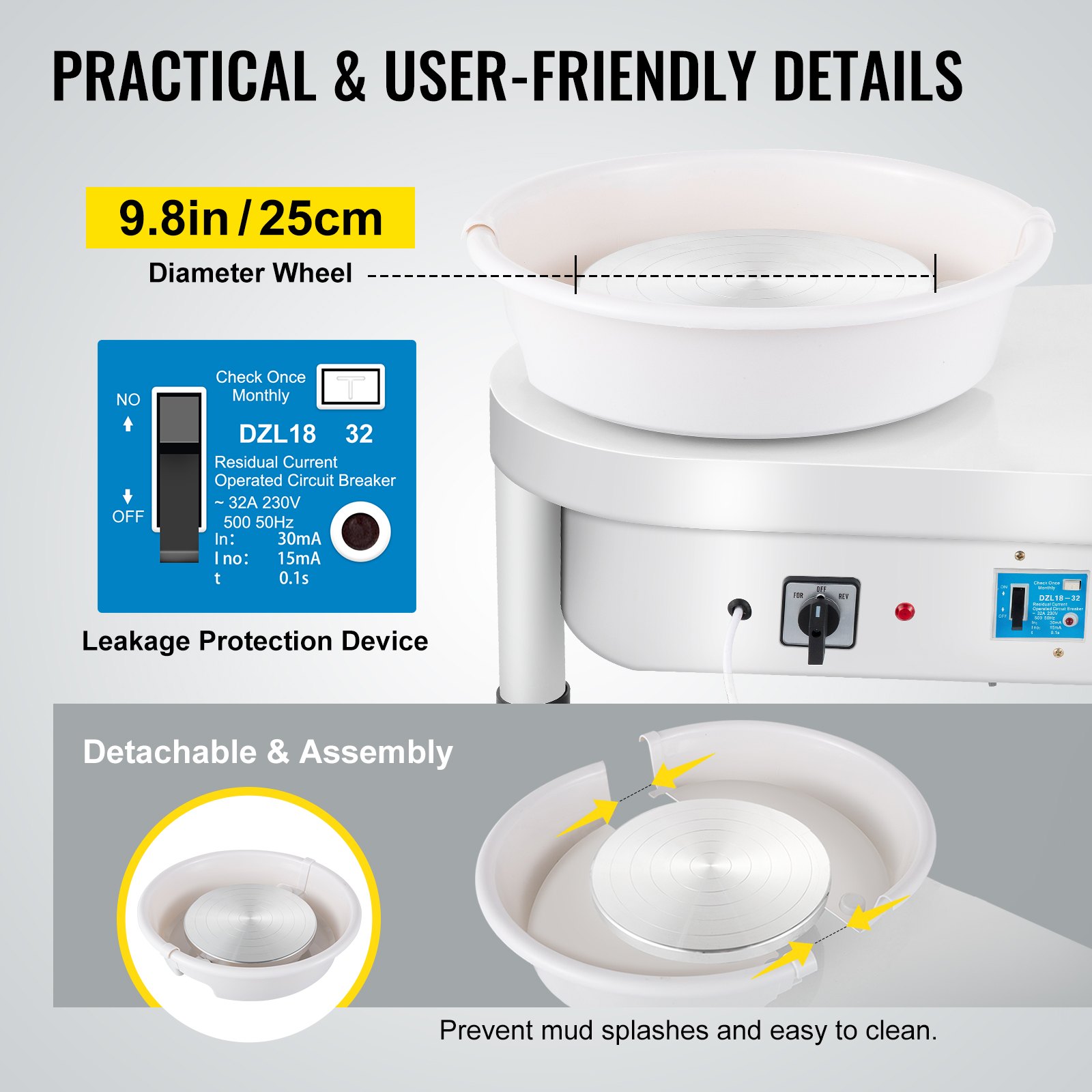 VEVOR Ceramic Wheel Machine 280W Electric Pottery 25cm Ceramic Wheel Machine 220V Wheel Machine DIY Adjustable Feet with Sculpting Set Electric Pottery Wheel Machine with Foot Pedal and Sink