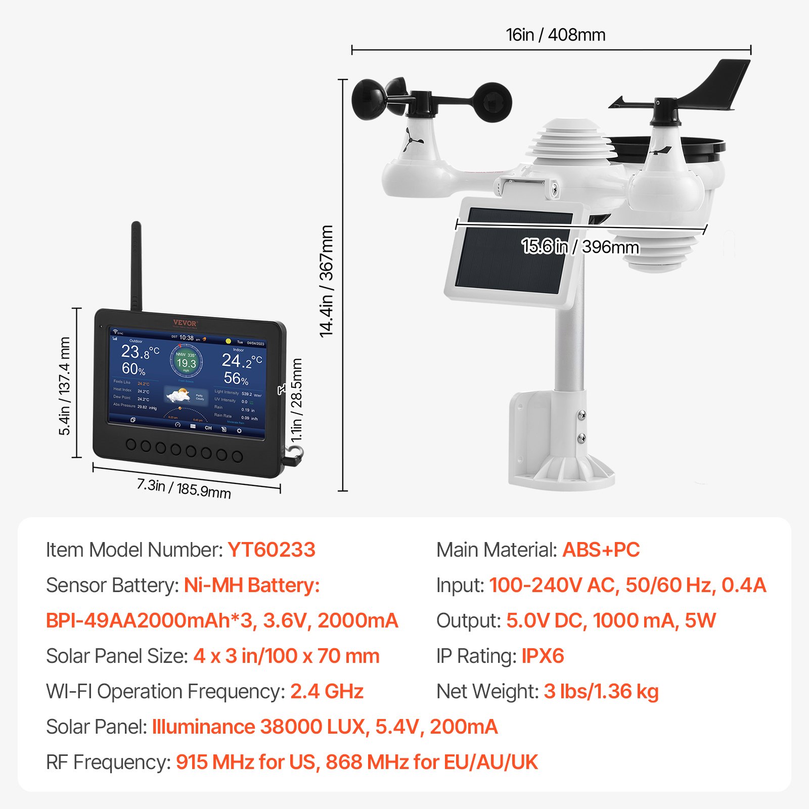 Stacja pogodowa VEVOR 7 w 1 WLAN 186 mm (7 in) wyświetlacz TFT Bezprzewodowy czujnik zewnętrzny IPX6