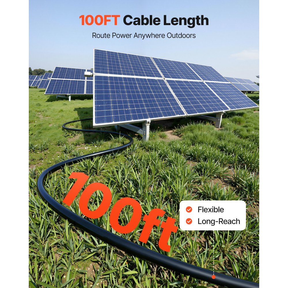 Przedłużacz kabla solarnego VEVOR, 30,5 m, czarny i 30,5 m, czerwony, 10 AWG, miedziany kabel cynowany do systemów fotowoltaicznych poza siecią w domu, pojeździe, kamperze, łodzi, IP67