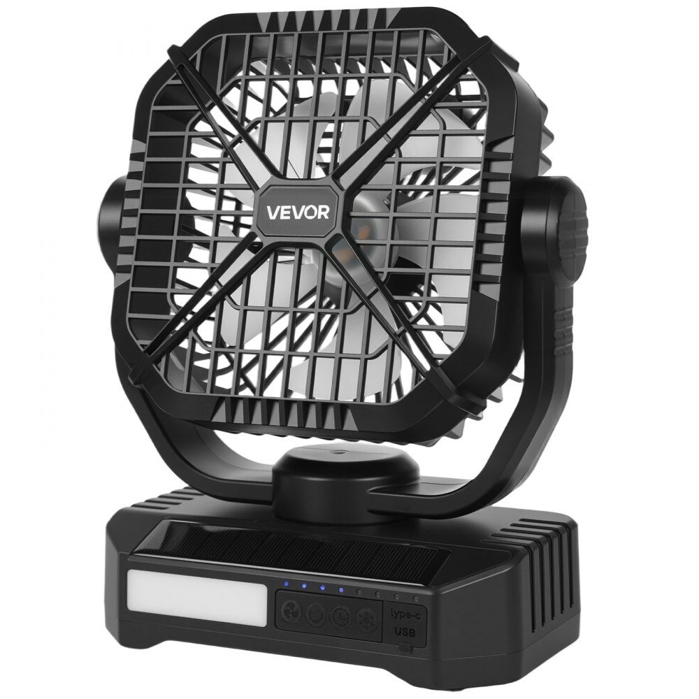 VEVOR 10400 mAh wentylator solarny, wentylator kempingowy z panelem słonecznym i latarką LED, 7 W, 20 cm, przenośny akumulator, 4 prędkości i cicha praca, idealny na pikniki, grille, wędkowanie i podróże