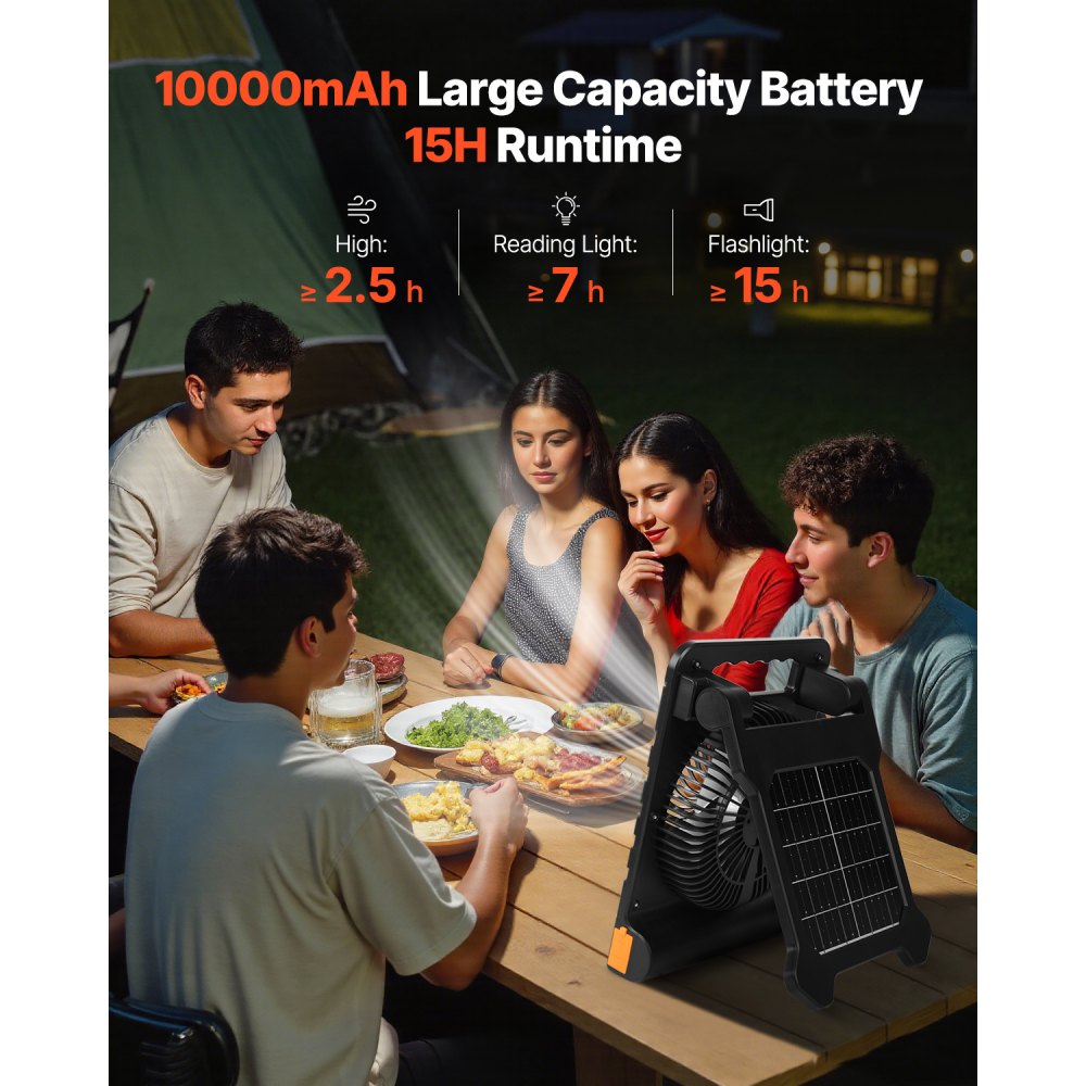 VEVOR 10000 mAh wentylator solarny kempingowy z latarką LED, wentylator 17 cm, bezprzewodowy, ze składanym panelem słonecznym 4 W, 4 prędkości, timer i cichy, zasilany bateryjnie przez USB, do biwakowania, na plac budowy, do biura, na biurko