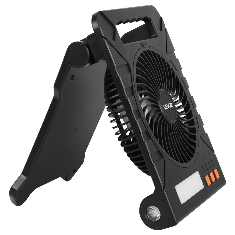 VEVOR 10000 mAh wentylator solarny kempingowy z latarką LED, wentylator 17 cm, bezprzewodowy, ze składanym panelem słonecznym 4 W, 4 prędkości, timer i cichy, zasilany bateryjnie przez USB, do biwakowania, na plac budowy, do biura, na biurko