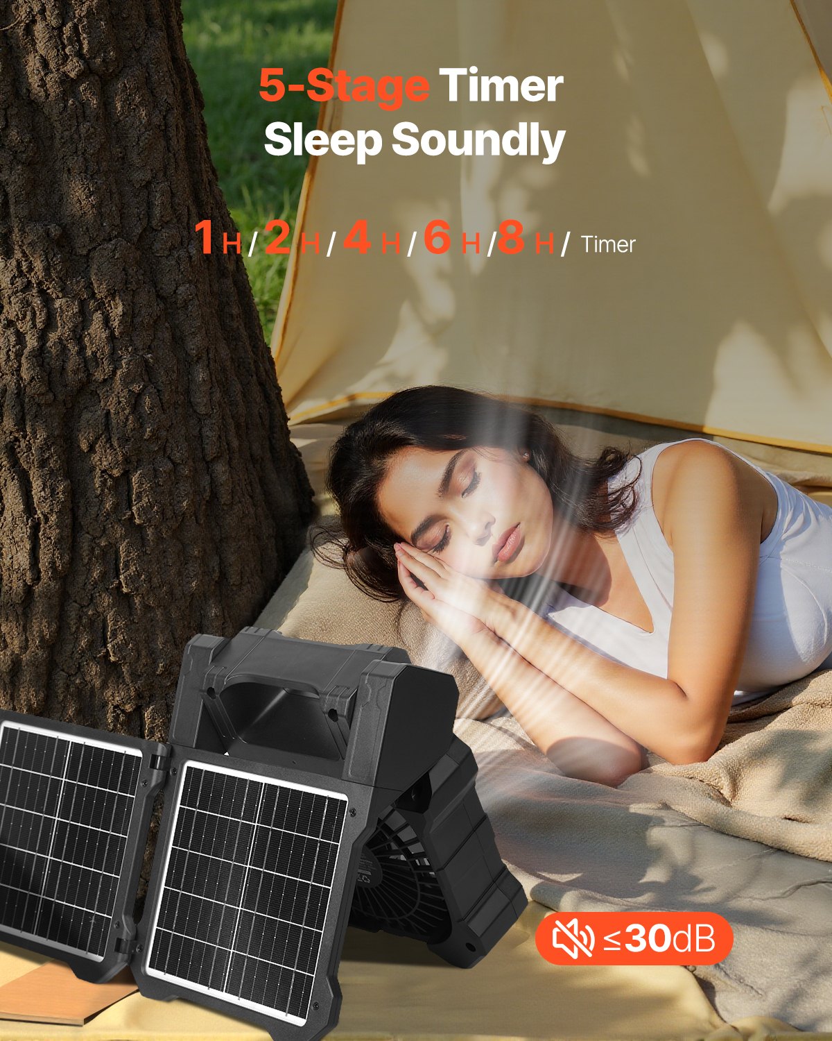 VEVOR 8000mAh Rechargeable Solar Fan with LED Lantern, 20 cm Portable Fan Cordless with 7W Foldable Solar Panel, 5-Speed & Timer & Quiet, USB Battery Powered for Camping Tent Worksite Office Desk