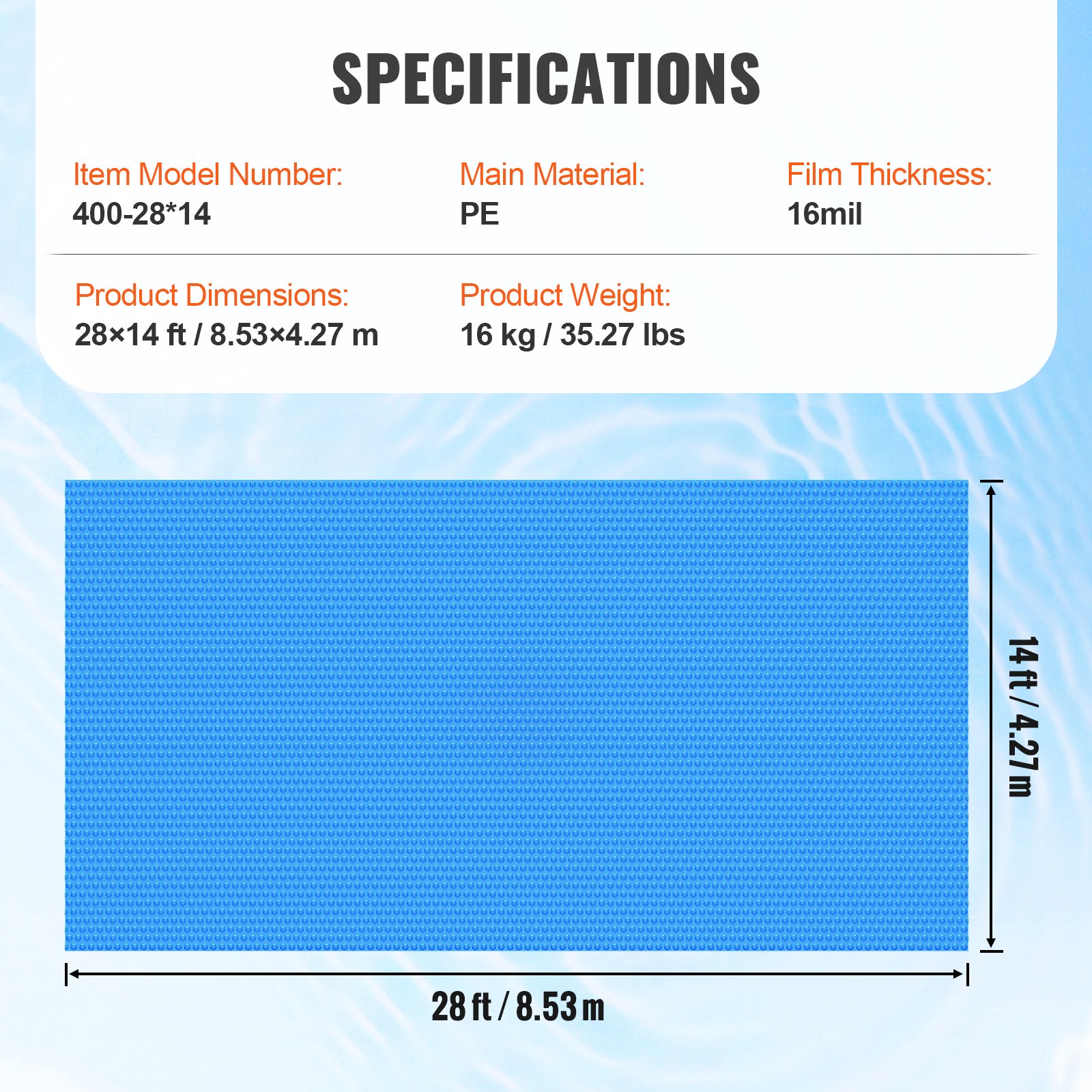 VEVOR Solar Pool Cover, prostokątna osłona solarna do basenów, 8,53 x 4,27 m, osłona solarna do basenów naziemnych, 16 mil Solar Covers, niebieska
