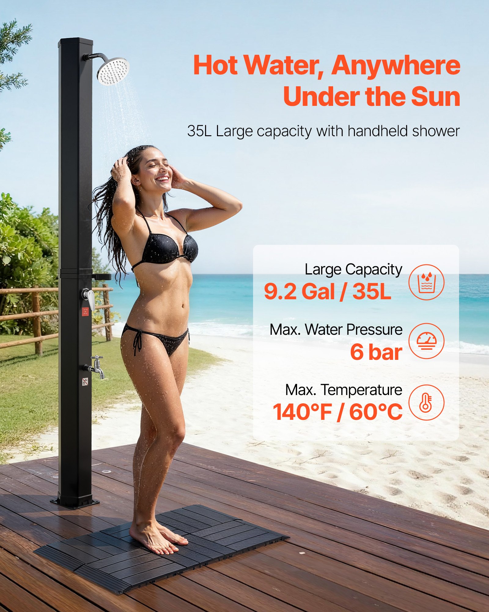 Prysznic solarny VEVOR 35L, prysznic ogrodowy 2160 mm, prysznic zewnętrzny z podstawą i kranem, prysznic basenowy z regulacją ciepłej i zimnej wody, prysznic kempingowy do ogrodu, strefy basenowej, basenu plażowego, czarny