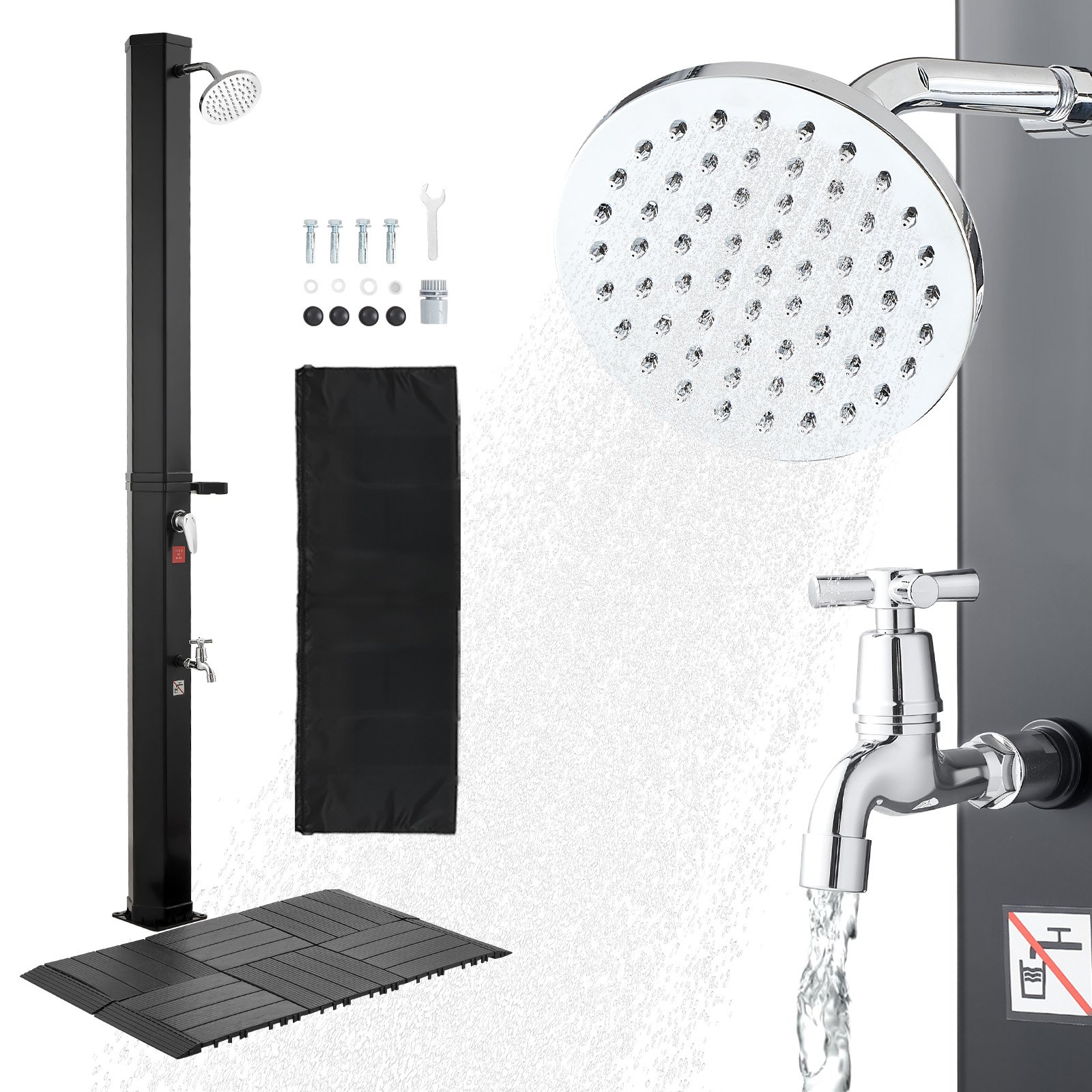 Prysznic solarny VEVOR 35L, prysznic ogrodowy 2160 mm, prysznic zewnętrzny z podstawą i kranem, prysznic basenowy z regulacją ciepłej i zimnej wody, prysznic kempingowy do ogrodu, strefy basenowej, basenu plażowego, czarny