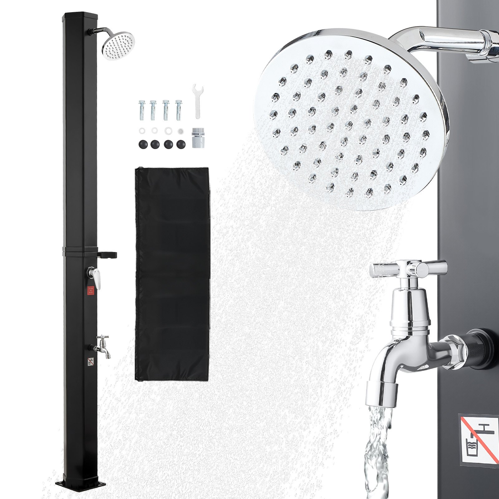 Prysznic solarny VEVOR 35 l, prysznic solarny ogrodowy o wysokości 2160 mm, prysznic basenowy z mydelniczką, sterowanie ciepłą i zimną wodą, wolnostojący, prysznic kempingowy do ogrodu, strefy basenowej, basenu plażowego, czarny