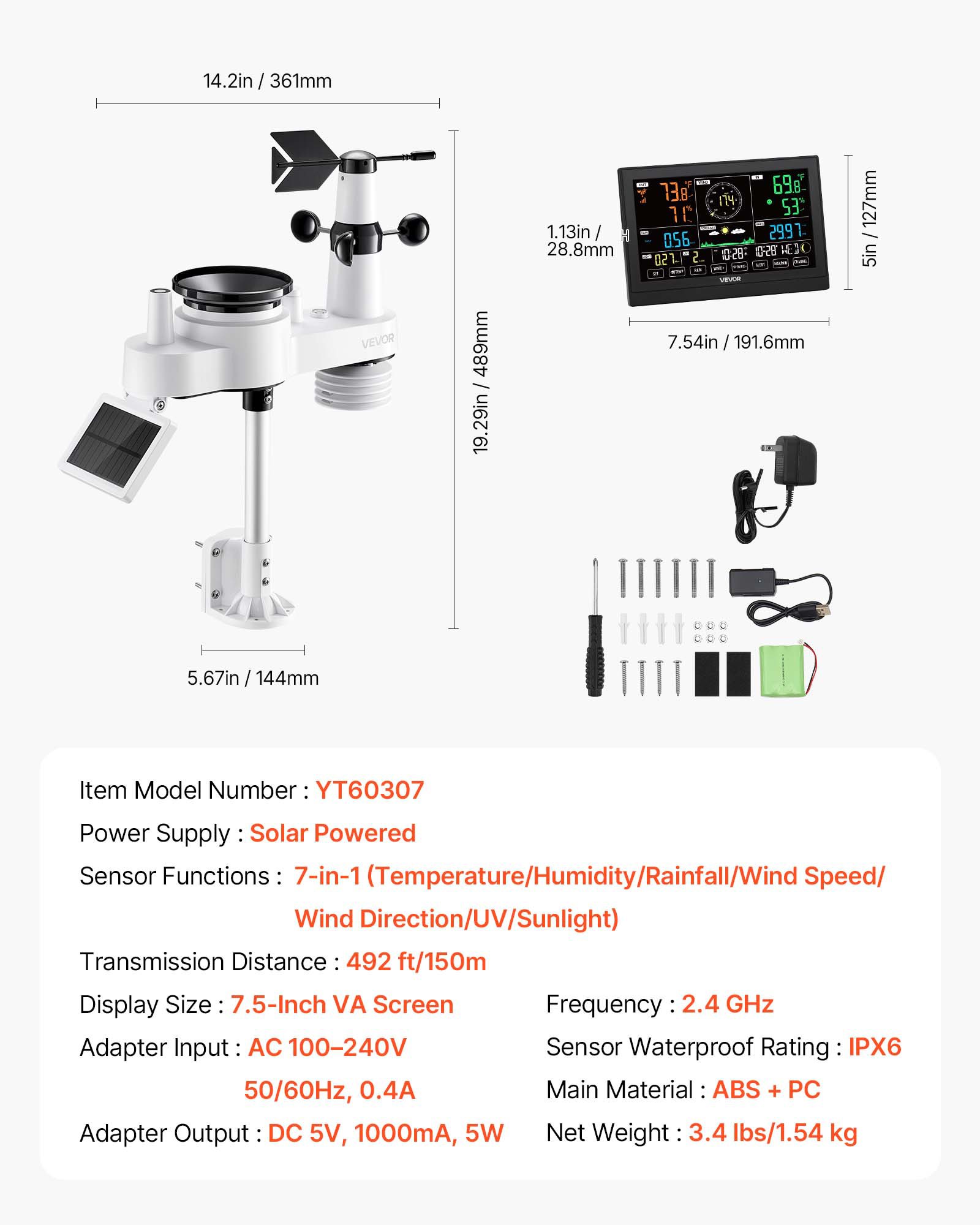 Stacja pogodowa VEVOR 7 w 1 z Wi-Fi i aplikacją, 7,5-calowy wyświetlacz VA, czujnik zewnętrzny zasilany energią słoneczną, centrum pogodowe z prognozą pogody, prędkością wiatru, temperaturą, wilgotnością i opadami