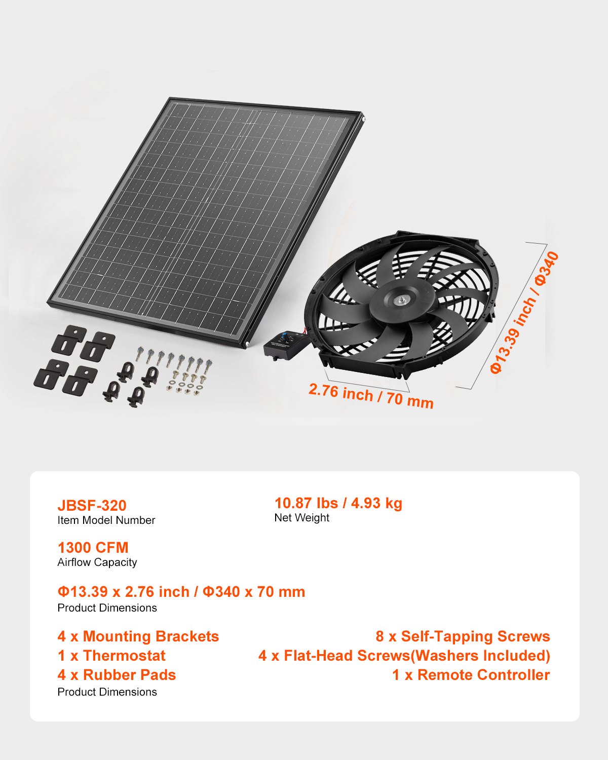 VEVOR Solar Fan, Ventilation, Fan, Φ340x70 mm, Attic Exhaust Fan with Adjustable Thermostat, External Grille, 1300 CFM Airflow Capacity, for Gables, Roofs, Garages, Workshops