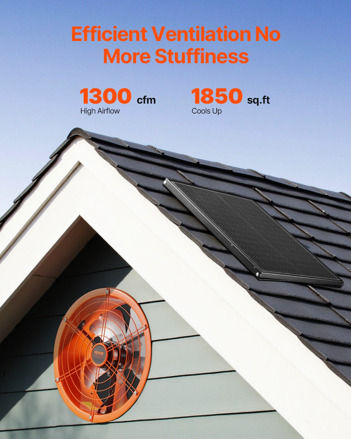 VEVOR Solar Fan, 400 x 150 mm, Solar Powered Fan, Attic Exhaust Fan with Adjustable Thermostat, External Grille, 1300 CFM Airflow Capacity, for Gables, Roofs, Garages, Workshops