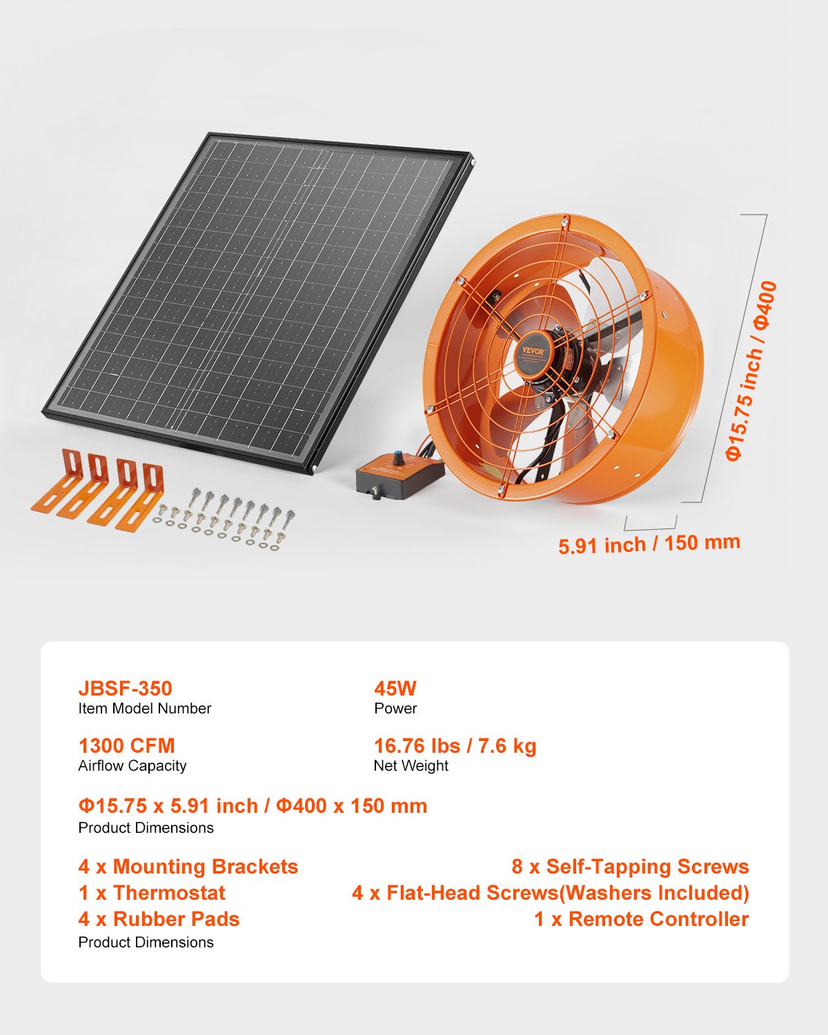 VEVOR Solar Fan, 400 x 150 mm, Solar Powered Fan, Attic Exhaust Fan with Adjustable Thermostat, External Grille, 1300 CFM Airflow Capacity, for Gables, Roofs, Garages, Workshops