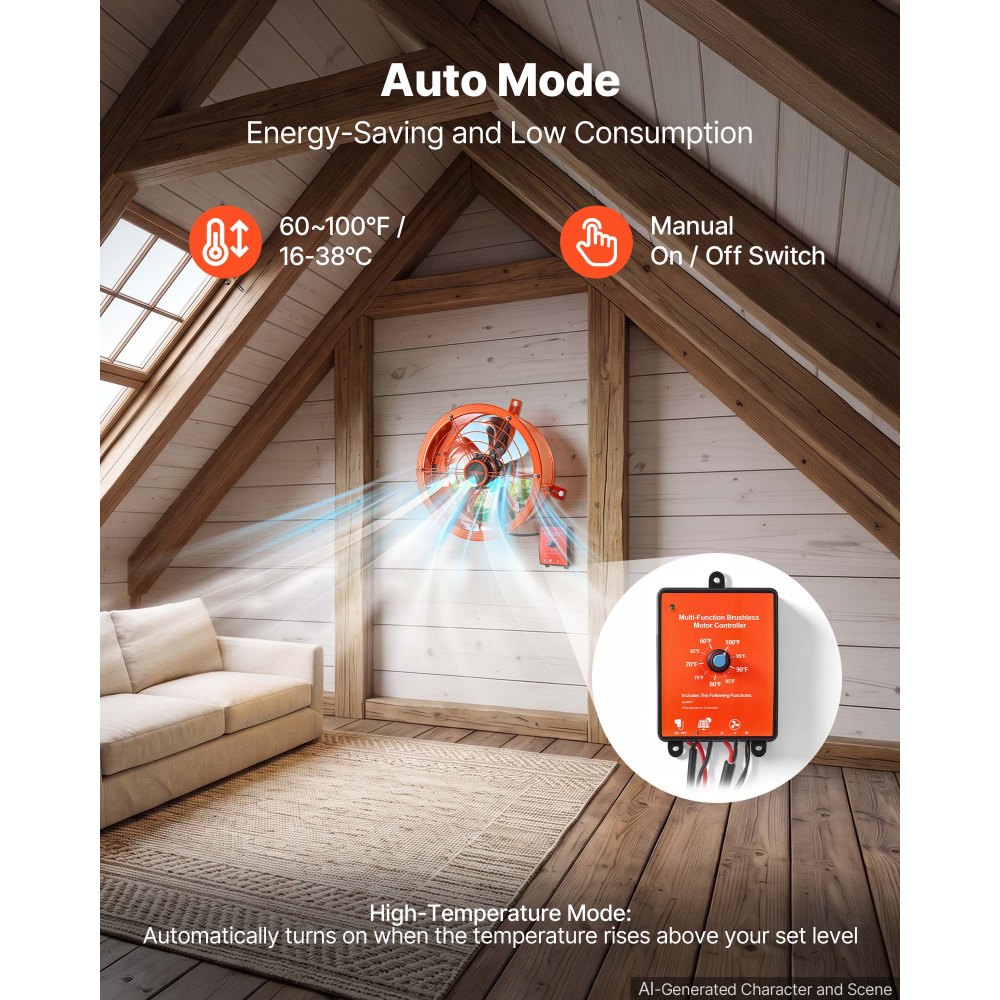 Wentylator szczytowy VEVOR 30,5 cm, wentylator strychowy, zasilany energią słoneczną, 1529,1 m³/h, pomarańczowy, 3 w 1, wentylacja, chłodzenie i osuszanie, do strychów, szklarni i magazynów, obudowa stalowa, z termostatem i panelem słonecznym 35 W