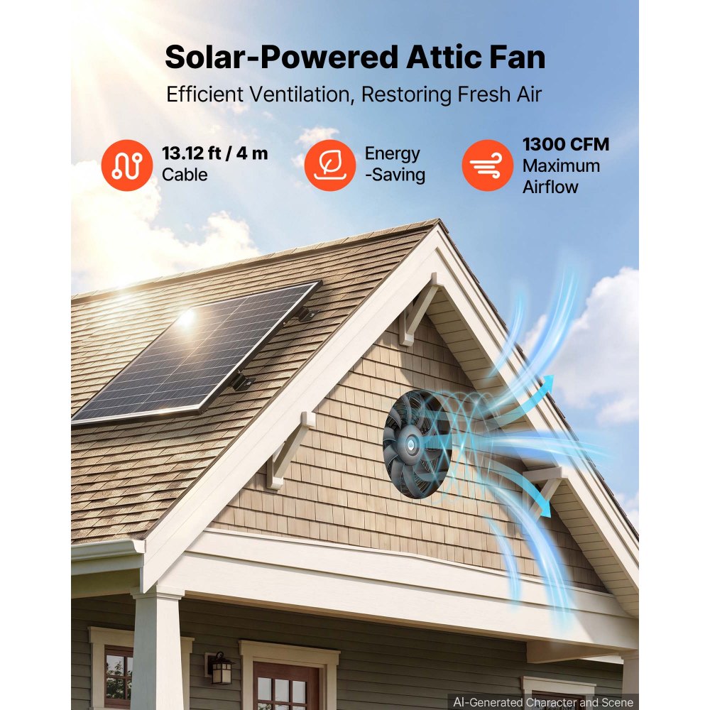 VEVOR Gable Mount Fan, 30.5 cm Solar-Powered Attic Vent Exhaust Fan Black, 1300 CFM Cooling & Ventilation for Roof, Greenhouse, Garage, Shop, with Thermostat & Mounting Brackets, Lightweight PP