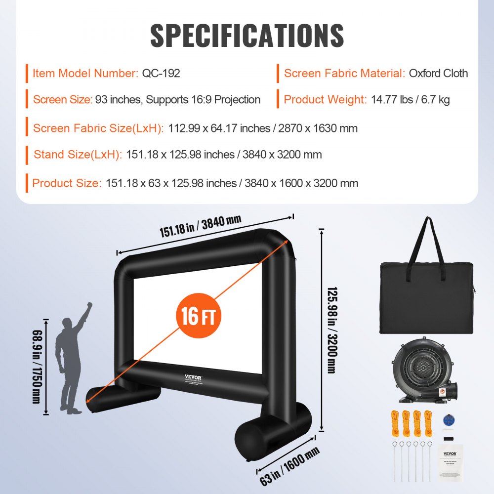 VEVOR Inflatable Projection Projector Screen made of PVC 254 cm 1080P, 4K, 3D, HDR Outdoor Indoor Portable Projector Screen Movie Screen 16:9 for Home Cinema, Garden, Camping, Leisure Events etc.