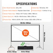 Ekran projekcyjny VEVOR ze stojakiem 150 cali HD 4K zewnętrzny ekran projektora do wnętrz Szybko składany przenośny ekran filmowy 16:9 do kina domowego, kempingów i imprez rekreacyjnych Czarny