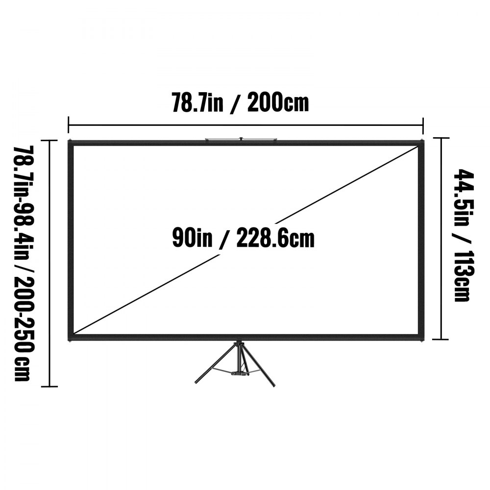 Ekran projekcyjny VEVOR 16:9, 4K HD, statyw, powierzchnia projekcyjna, 200 x 113 cm, ściana prezentacyjna, kąt widzenia 160 stopni, ekran o regulowanej wysokości 200-250 cm, idealny do kina domowego, sal konferencyjnych, wesel