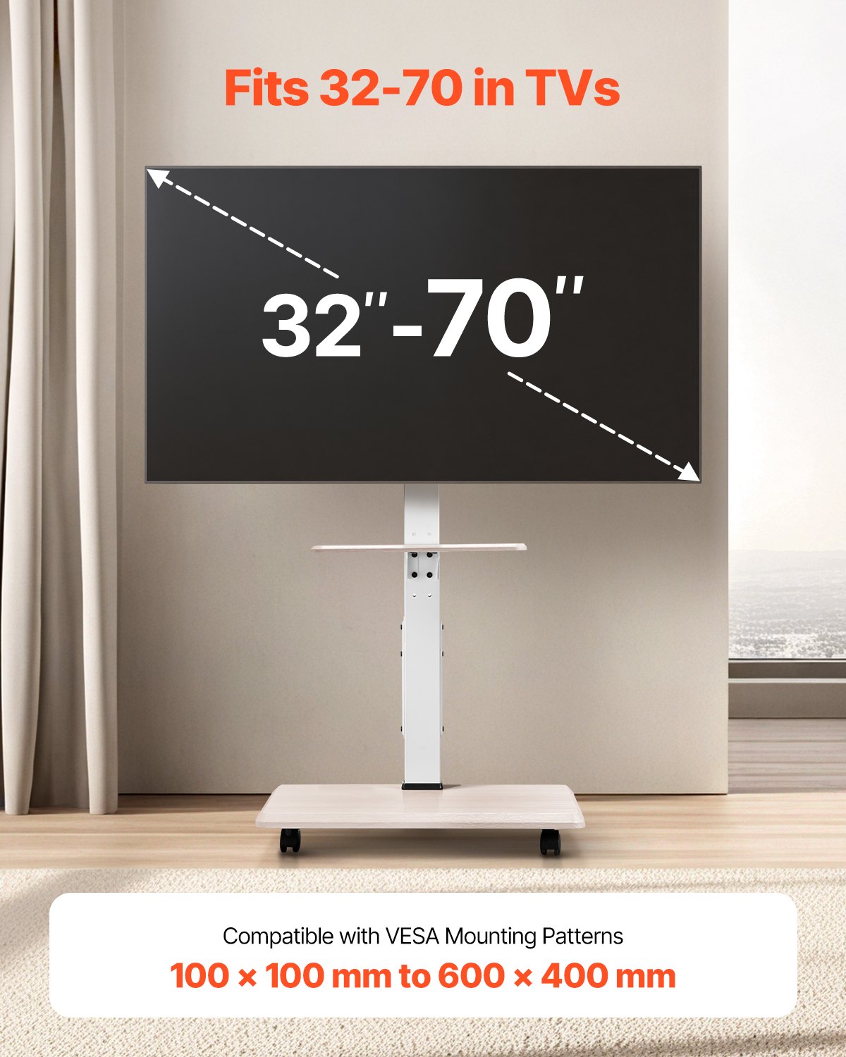 Stojak na kółkach VEVOR do telewizorów 812,8–1778 mm o wadze do 40 kg, obrót w lewo i prawo o 25°, regulowany na wysokość uchwyt do telewizora z półką do sypialni i salonu (maks. 600 x 400 mm)