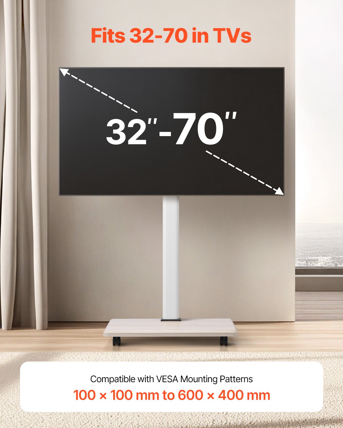 VEVOR Stojak na kółkach do telewizorów 812,8–1778 mm o wadze do 45 kg, obrót w lewo i prawo o 25°, regulowany na wysokość uchwyt do telewizora z półką do narożnej sypialni i salonu (maks. 600 x 400 mm)